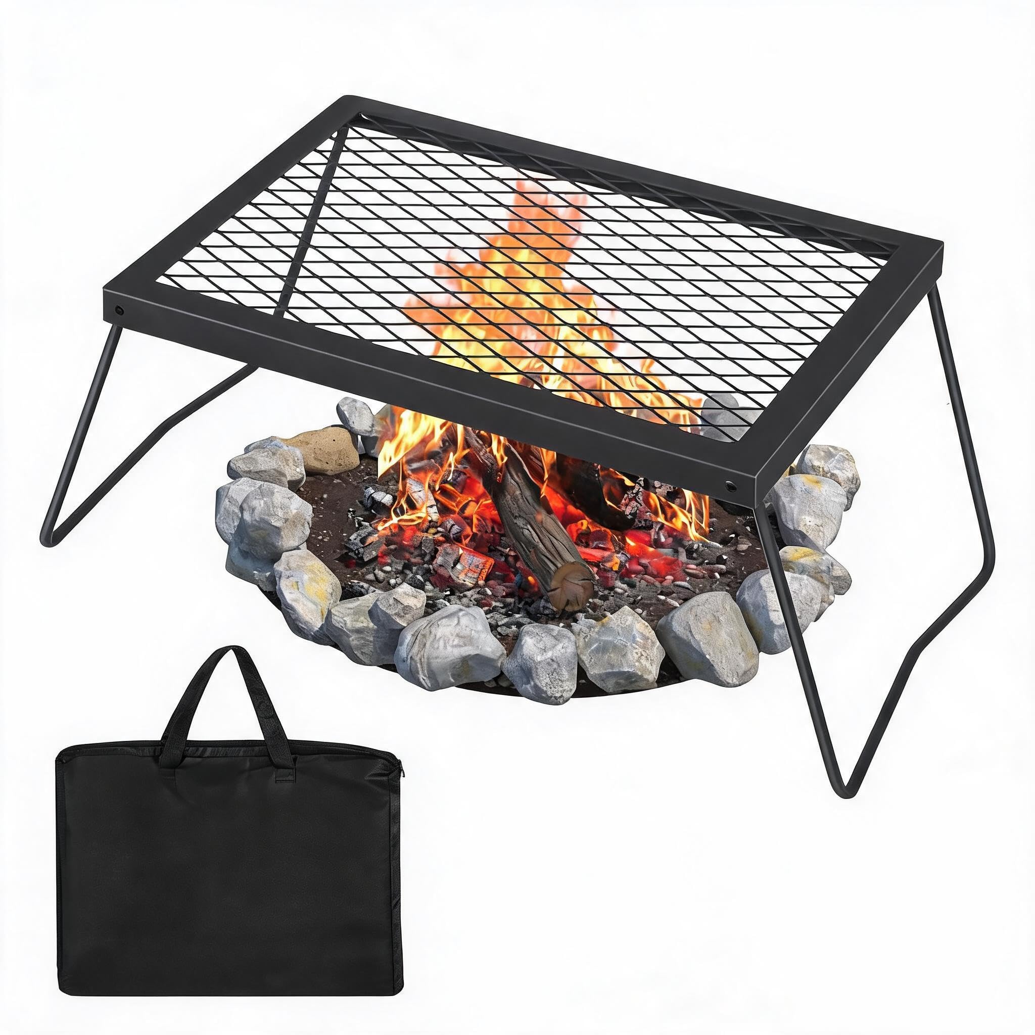 Djioyer 17*12.2 Campfire Grill & Griddle 360° Swivel Folding Fire Pit Cooking Grate With 600°F Protective Coating Portable Bbq Grill For Picnics Outdoor Camping Garden Backyard Hiking Includes Carry Bag