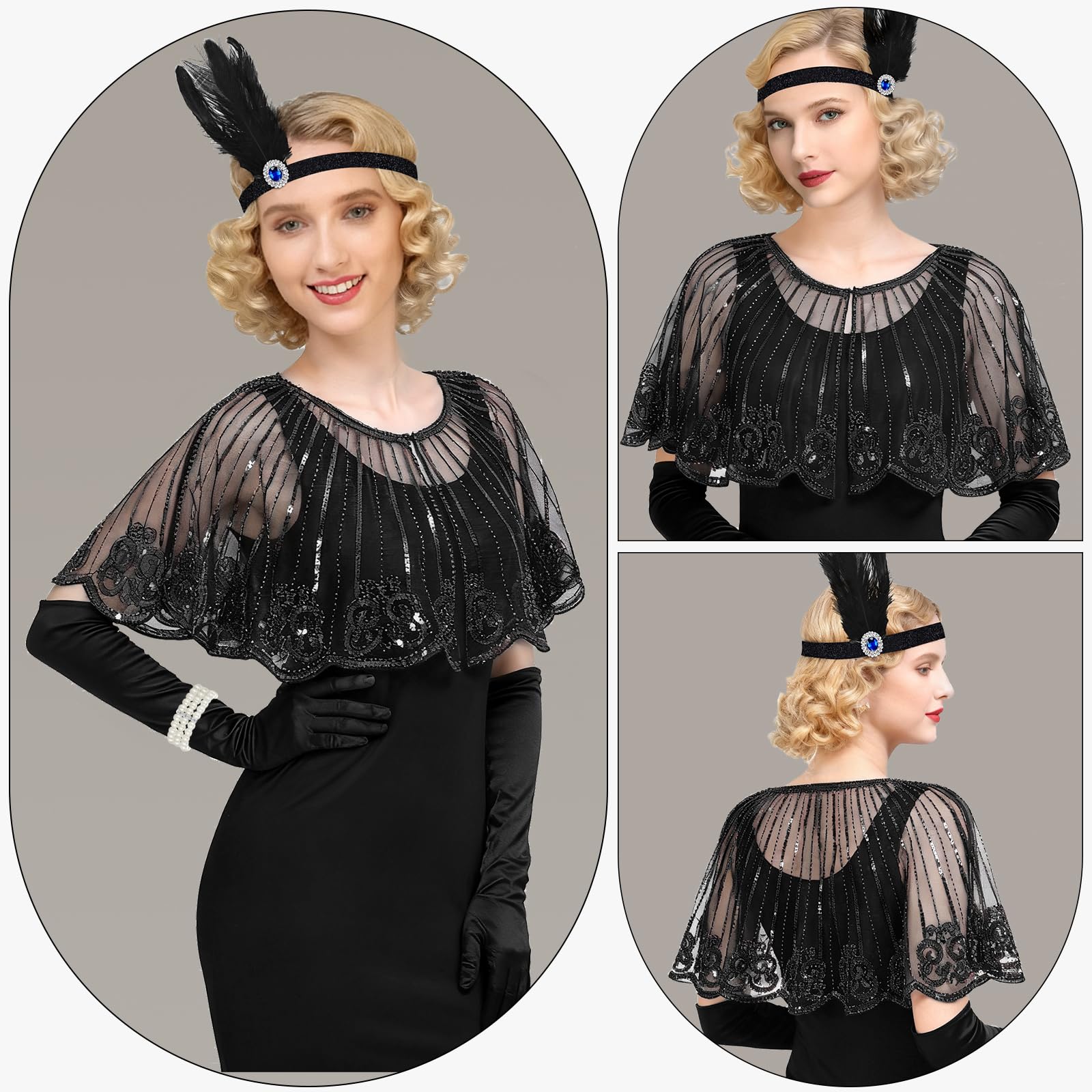 ELECLAND 10 Pieces 1920s Flapper Great Gatsby Accessories Set Fashion Roaring 20's Theme Set including Headband Headpiece Long Black Gloves Necklace Earrings for Women (Black - Image 2