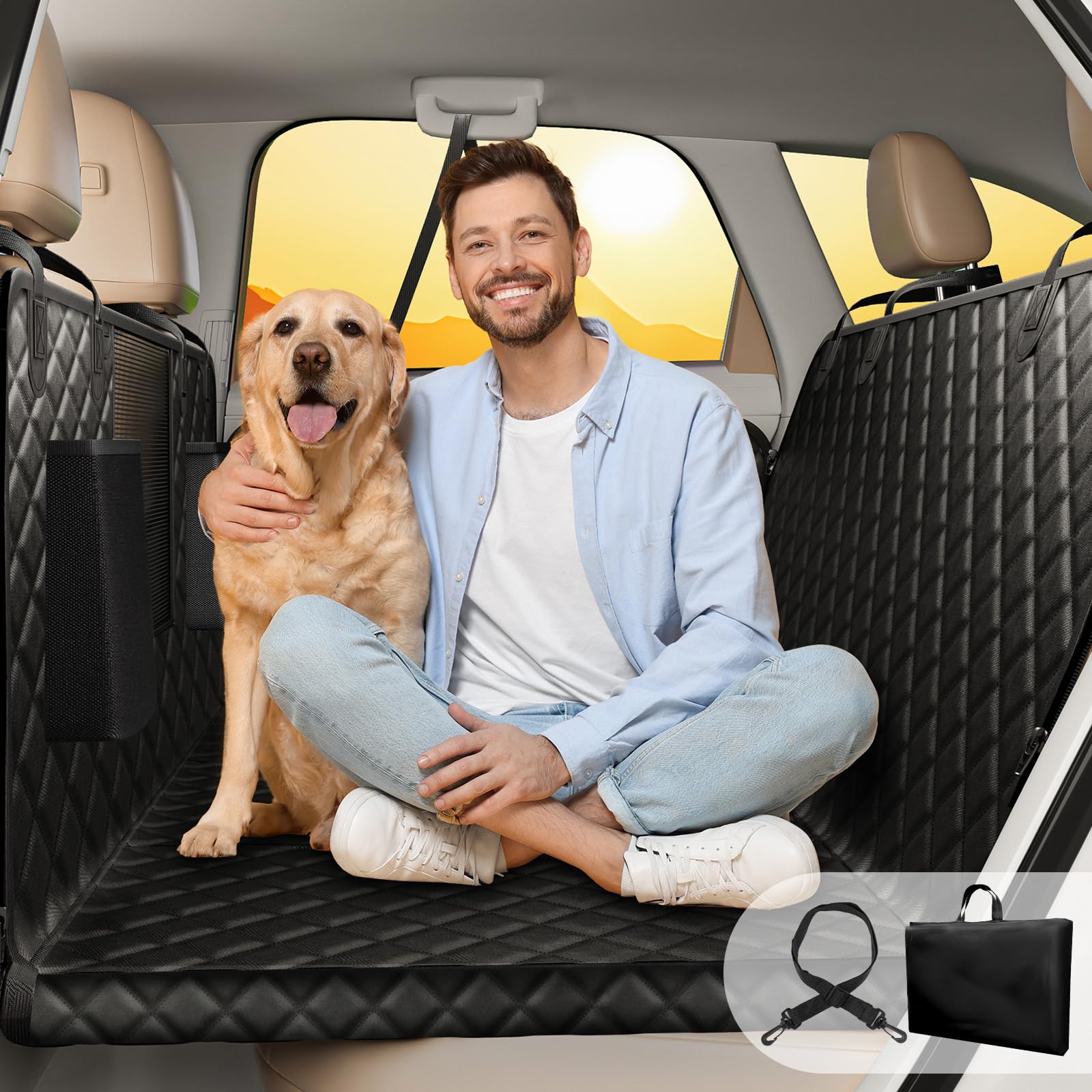DATEFUN Coprisedile Auto per Cani con Fondo Rigido - Telo Auto per Cani Impermeabile Antiscivolo con Rete di Prospettiva e Cintura Sicurezza, Compatibile Seggiolino Auto