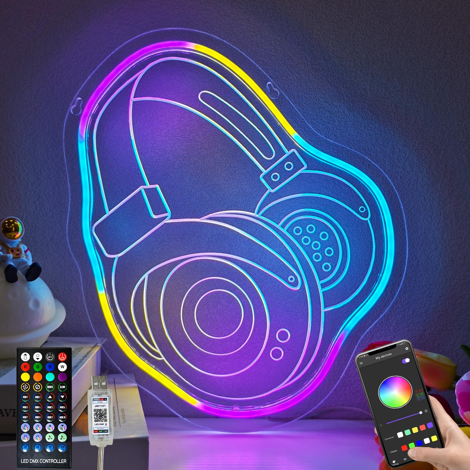 Insegna al neon con cuffie da gamer, regalo a forma di cuffie, luce notturna per bambini, con telecomando, dimmerabile, decorazione da parete per stanza dei giocatori, come regalo di Natale e