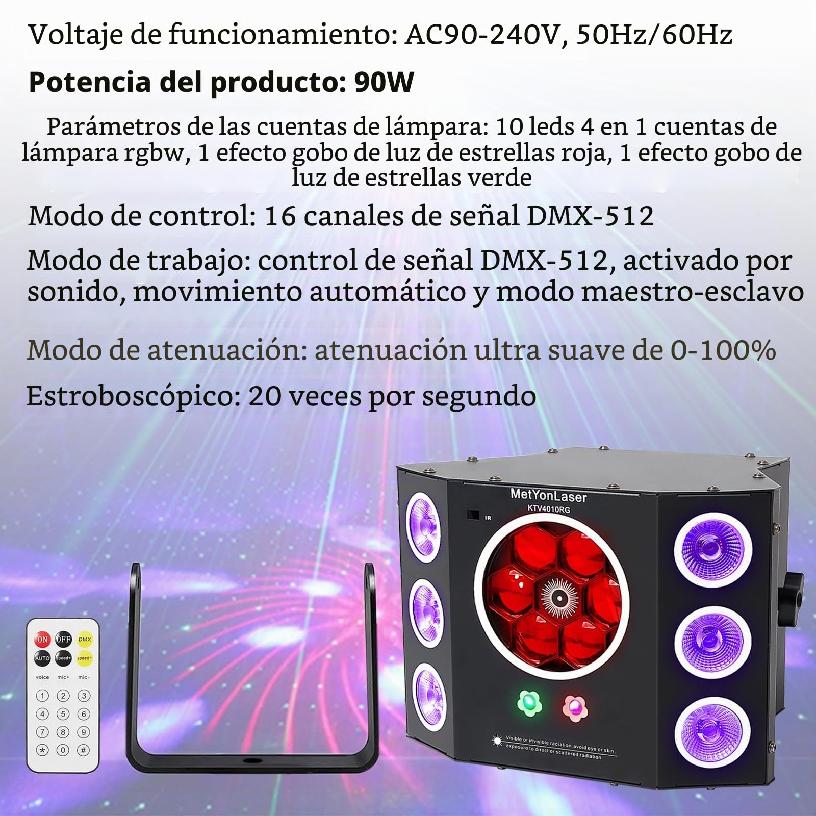 Luces de fiesta, luz de discoteca, luces de DJ, luces estroboscópicas LED 4 en 1 y efecto gobos de haz verde rojo, DMX de 16 canales con sonido activado para fiesta de Halloween de Navidad