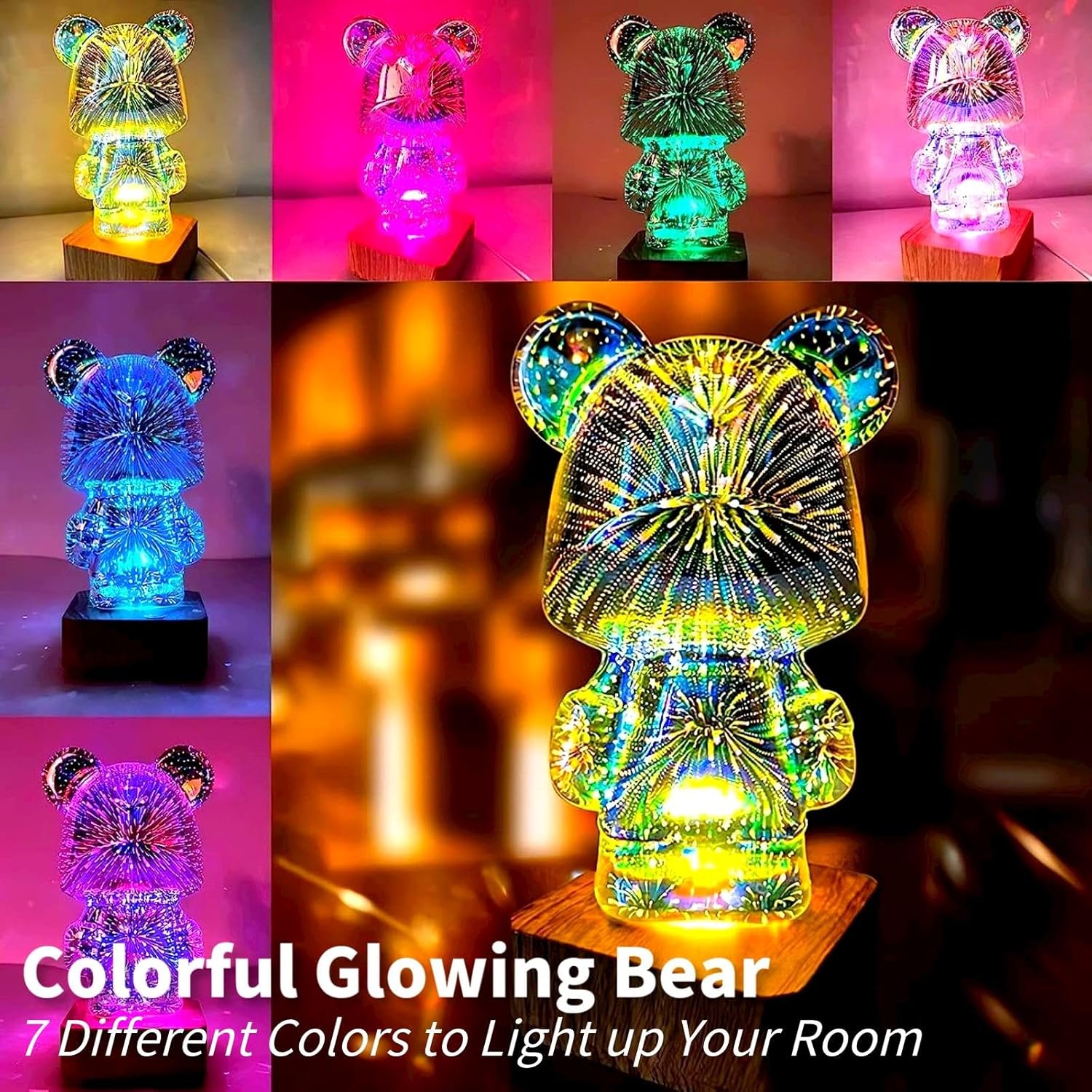 Twinkle Bear Lamp, 3D Firework Bear Light Decorative Nightstand Table Lamp Color Changing Cute Room Decor LED Bedroom Lamp for Kids Room, Home, Office, Nursery (Large Head)
