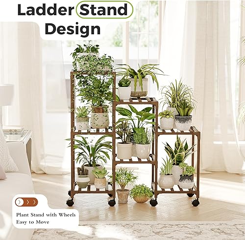 Miniatura 2 de Bamworld - Soportes para plantas de interior, estante escalonado de madera al aire libre para múltiples plantas, 3 neumáticos, 7 escaleras, soporte