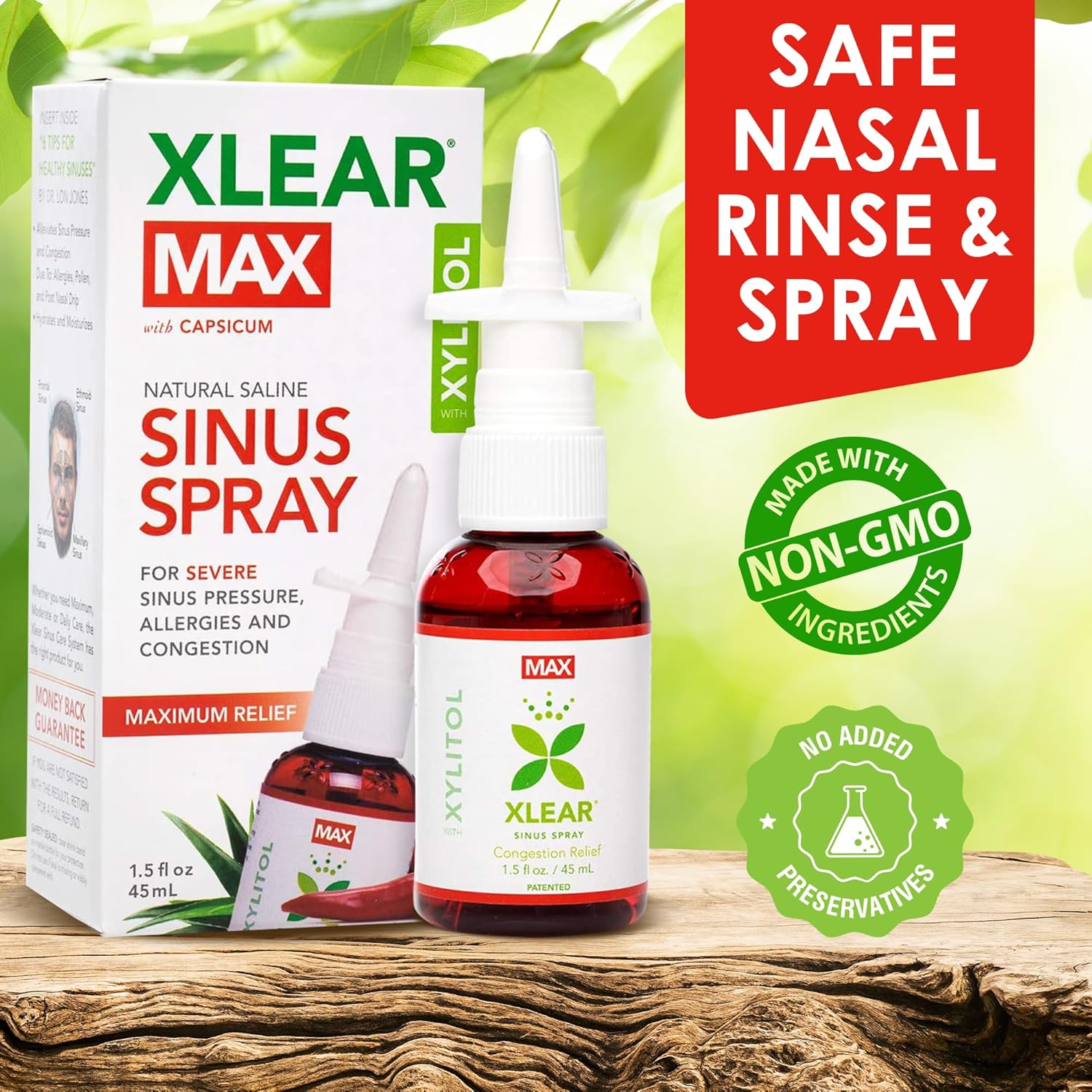 Xlear MAX Natural Xylitol Saline Nasal Spray with Capsicum and Aloe - Fast Acting for Sinus Pressure, Decongestant, Headache, Dry Nose, 1.5 fl oz (Pack of 3)