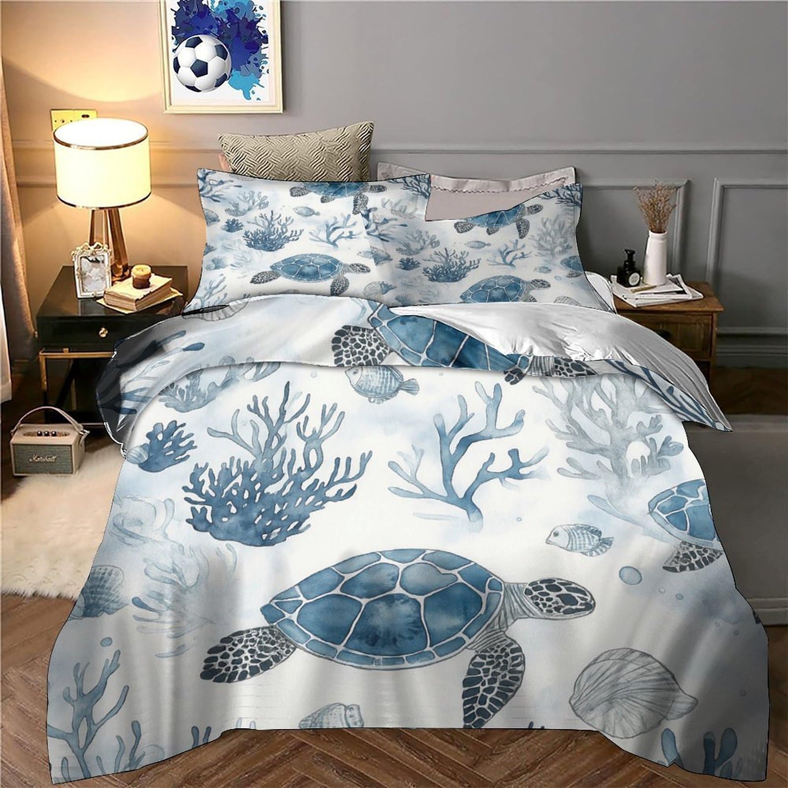 3 Piezas Microfibra de poliéster Sea Turtles Juego Fundas Edredón Estampado 3D Fundas Almohada Transpirable Watercolor Océano Funda de Edredón for Familia Super King（260x220cm）