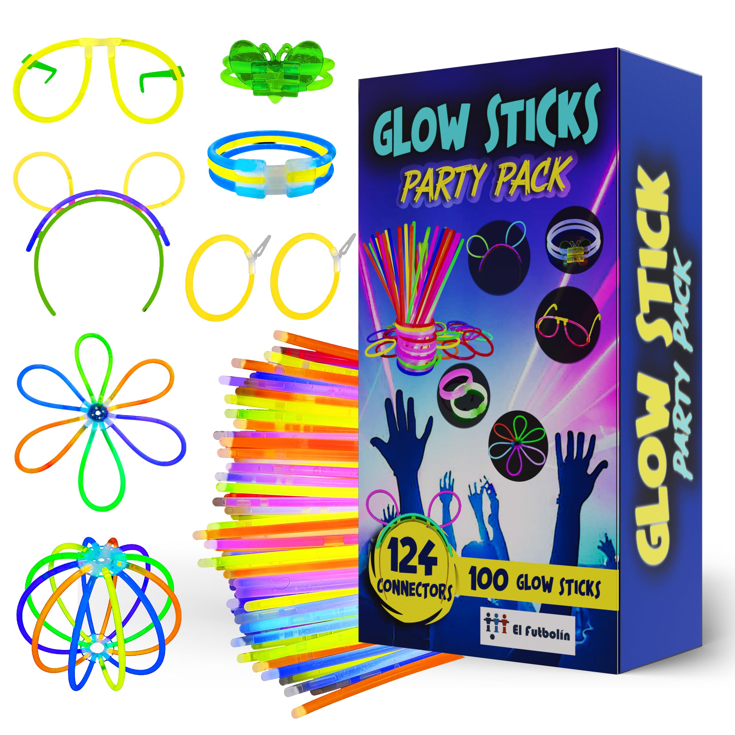 EL FUTBOLIN Pulseras Luminosas Fluorescentes | PARTY PACK | 100 Barras Luminosas + 100 Simples + 24 Conectores Fantasía | Gafas-Pulseras-Aretes-Diademas | Regalo Fiesta de Cumpleaños | Boda y Eventos