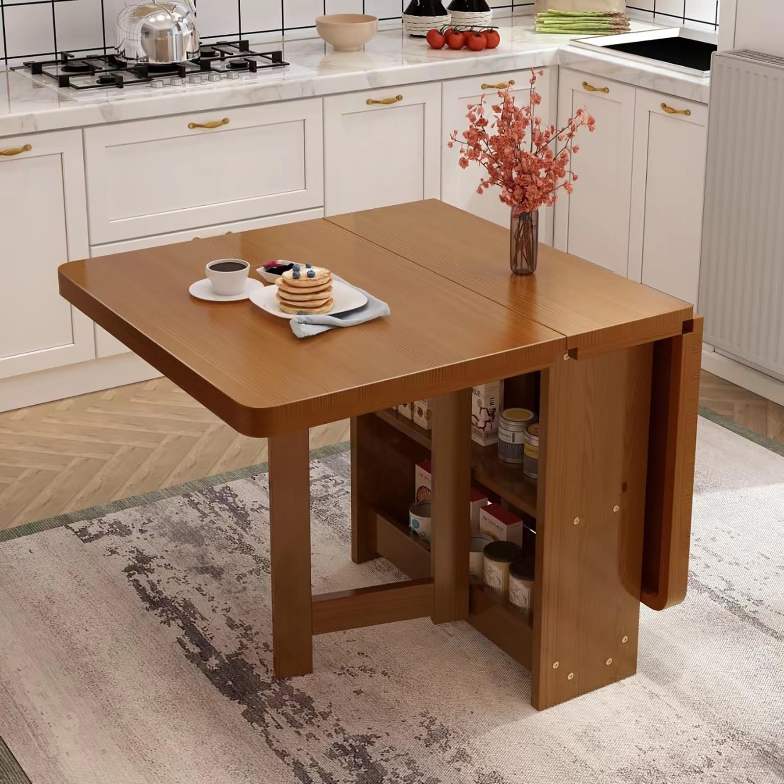 Solid Wooden Drop Leaf Dining Table with 2 Layer Storage Shelf Foldable Kitchen Table with 3 Forms Versatile Collapsible Extension Dining Table