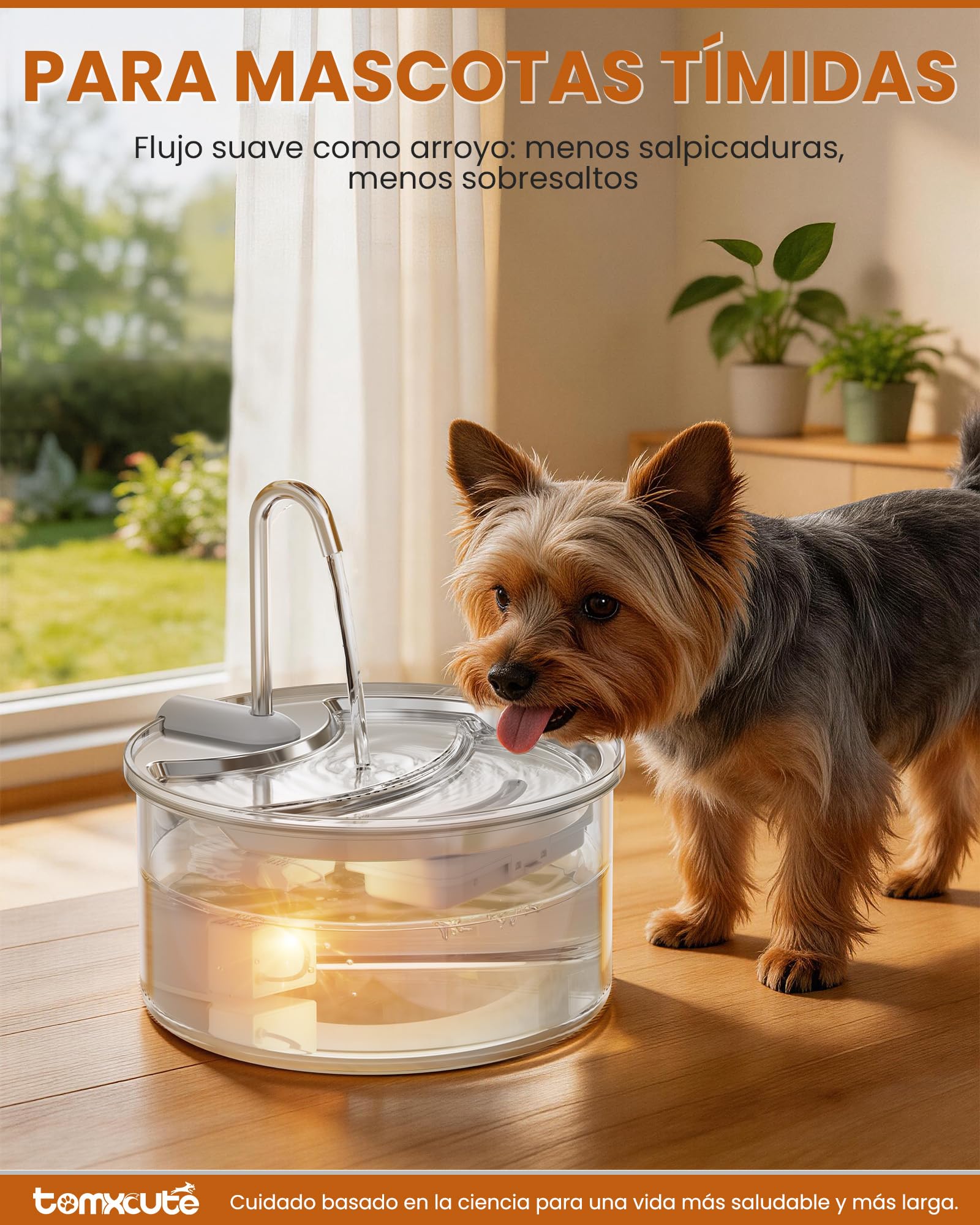 TOMXCUTE Fuente Gatos Cristal 2,5L con Nivel Visible 360° | Vidrio transparente, luz cálida, bomba silenciosa y 3 filtros incluidos para agua fresca