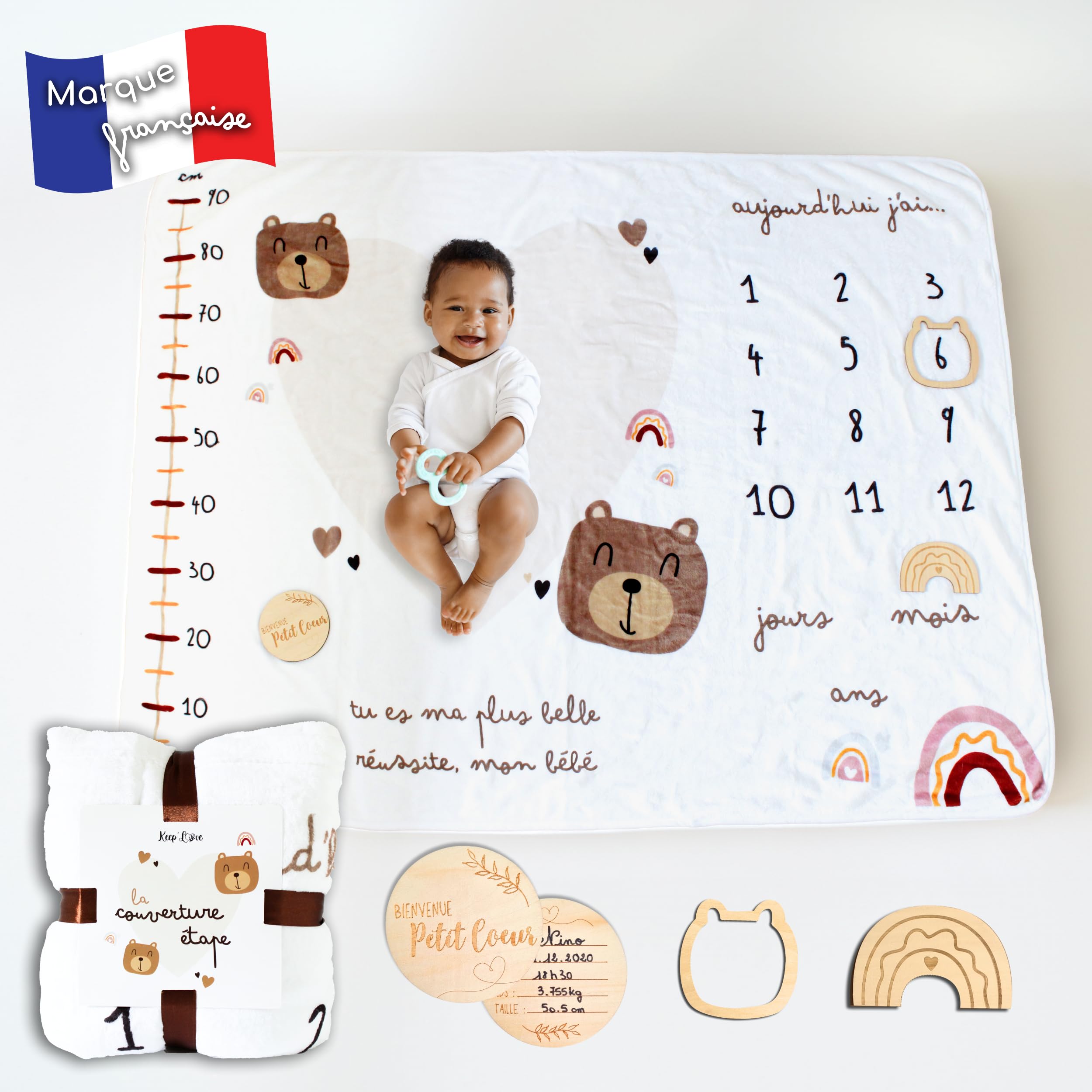 Keep'Love - Couverture Étape Bébé - Tapis Mois Bebe en Français - Tapis Photo Bebe Mois - Cadeau Naissance Fille Garçon - Baby Shower - Future maman - Toise imprimée Accessoires Inclus (Modèle Ourson)