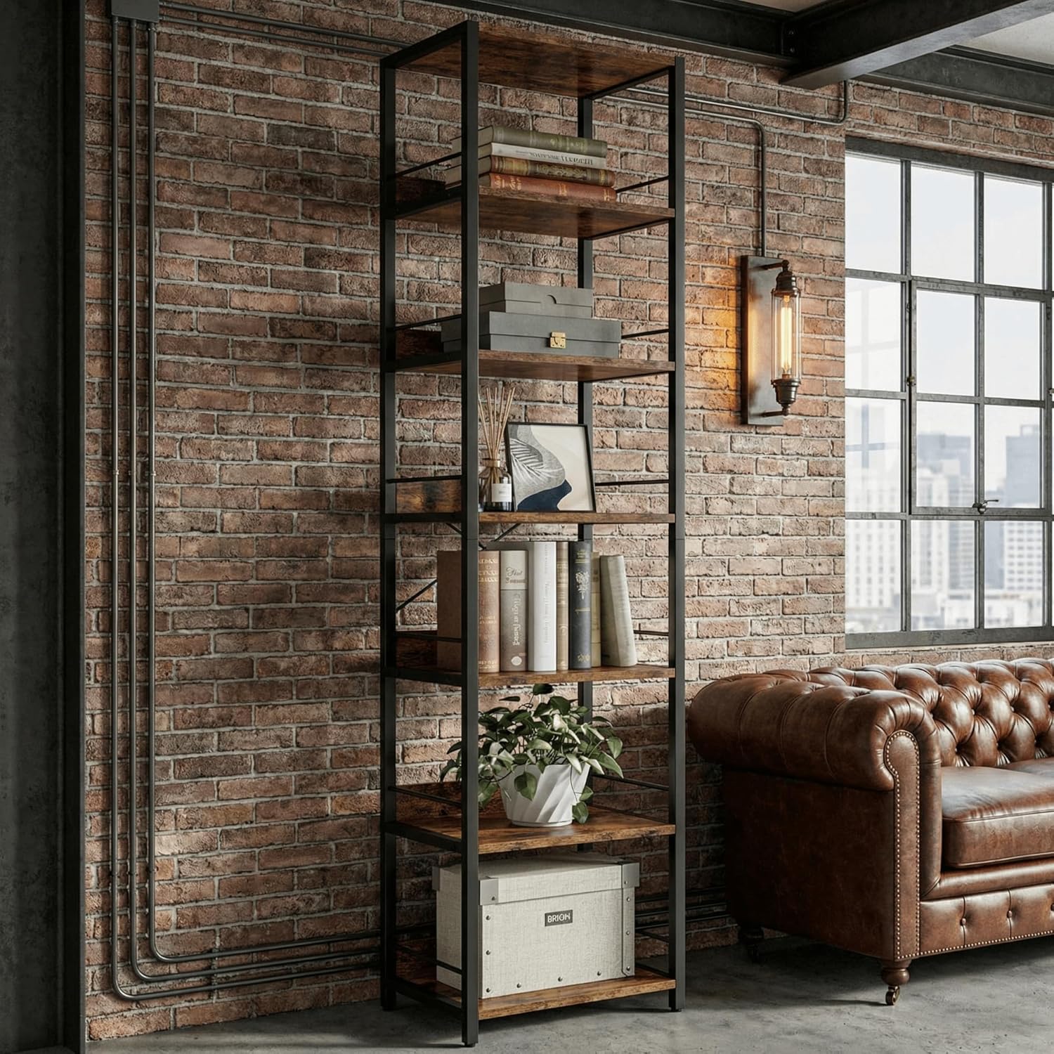 IRONCK 75" Tall Narrow Book Shelf, 6-Tier Open Corner Bookshelf, Industrial Metal Frame Square Display Storage Rack for Living Room, Rustic Brown