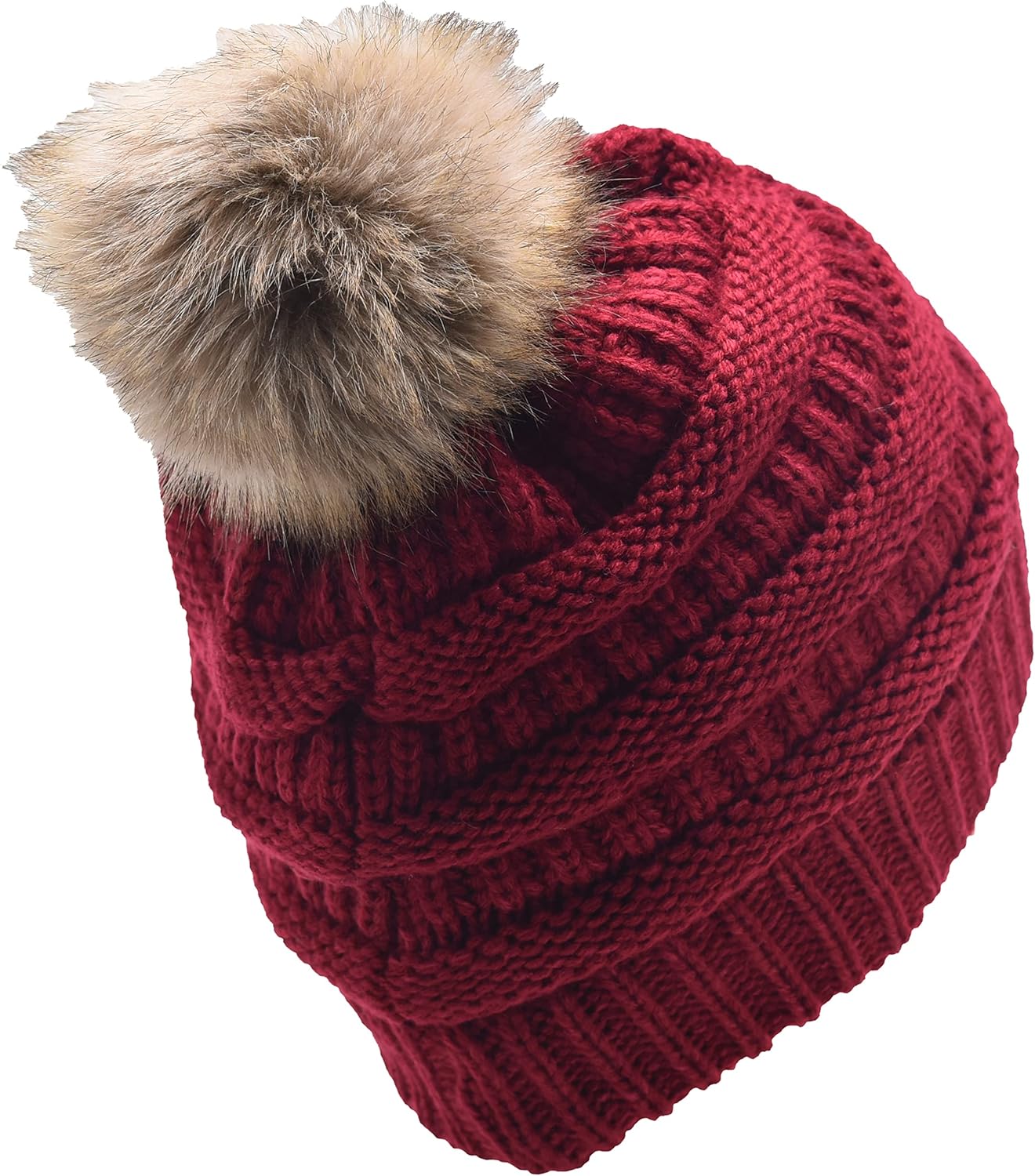 Miniatura 3 de CC Gorro de punto trenzado de piel sintética acanalada y suave con pompones y forro polar Sherpa con forro polar y calavera