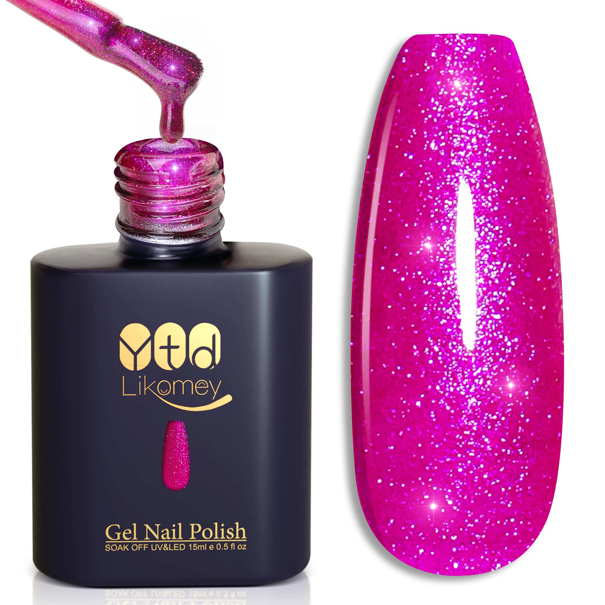 YTD Likomey Gel Nail Polish,15ml Hot Pink Glitter Soak Off UV Nail Gel Varnish,Shimmer Shiny Sparkly Salon Home DIY Manicure