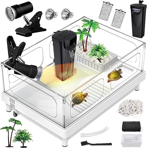 Kit de tanque de tortuga pequeño (tanque+luz+filtro), kit de iniciación de tanque de tortuga acrílico con plataforma para tomar el sol, drenaje disponible en Yaxa Peru