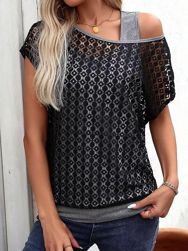 Flamingals Women's Short Sleeve Asymmetrical Neck 2 in 1 T-Shirt Black M by Flamingals - Used condition - Image 5