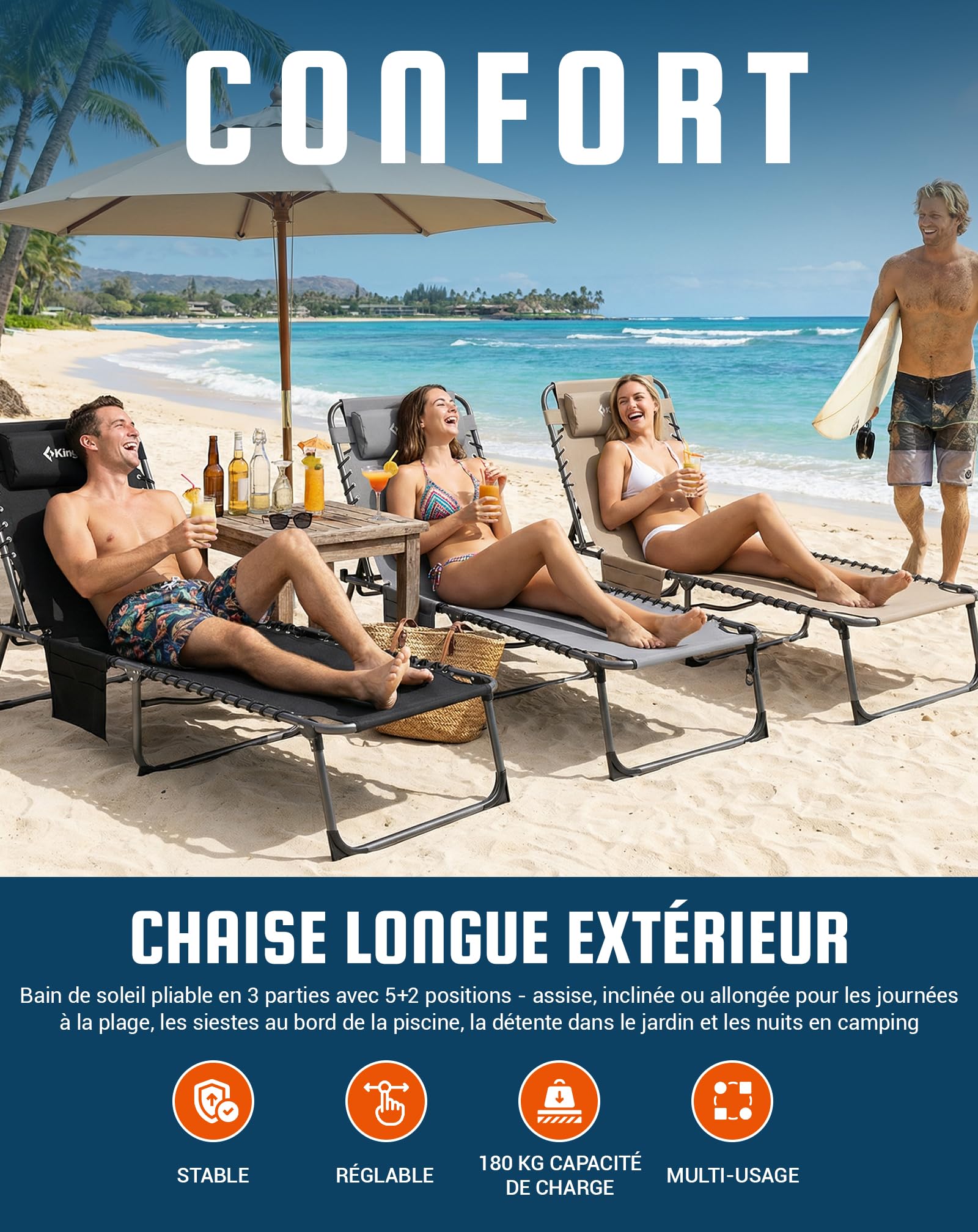 KingCamp Bain de Soleil Pliant 5 Positions Réglable Jusqu'à 180 kg, Beige | Chaise Longue Inclinable Pliable pour Jardin, Anti-Pincement Appuie-Tête Poche, Transat de Relaxation Pliant, Plage Camping