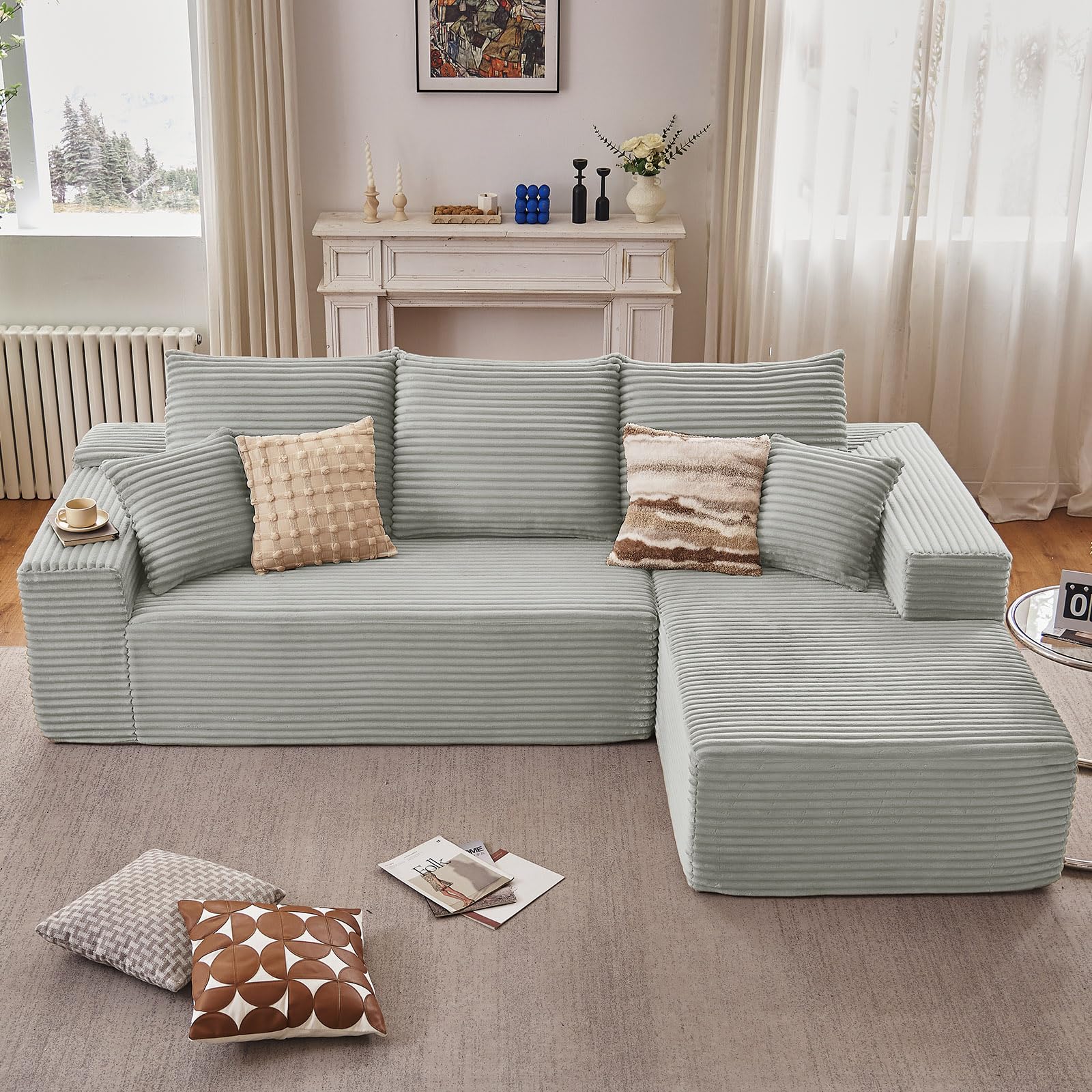 107" Cloud Sectional Couch with L-Shape Chaise, Modern Modular Comfy Sofa Chaise Longue, Upholstered Corduroy Couches Sleeper with Deep Seat for