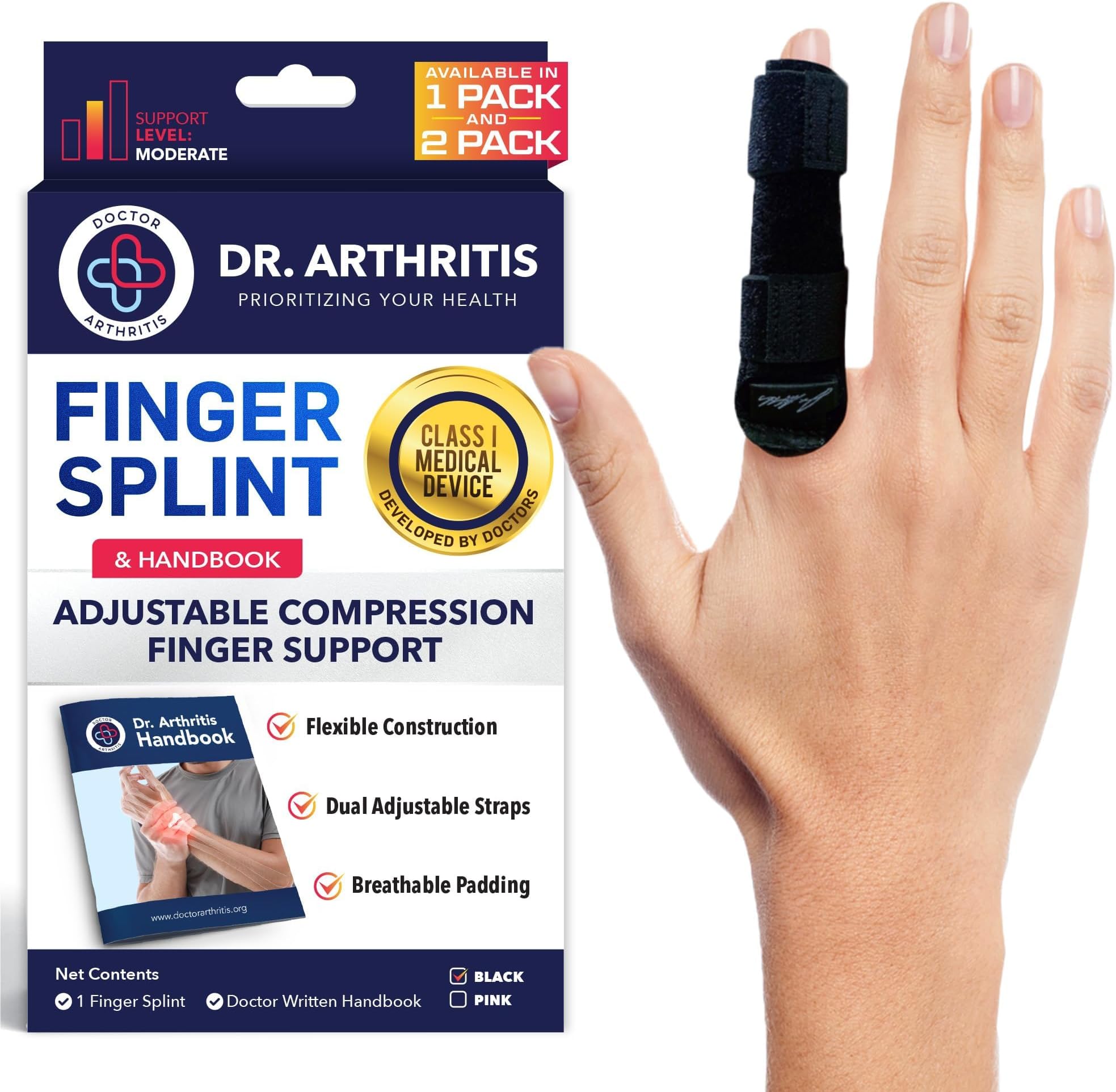Dr. Arthritis Doctor Designed Finger Brace, Finger Splint Small Finger/Middle Finger/Index Finger - Finger Protection for Injury with Braces & Splints [Black, S/M, One Size]