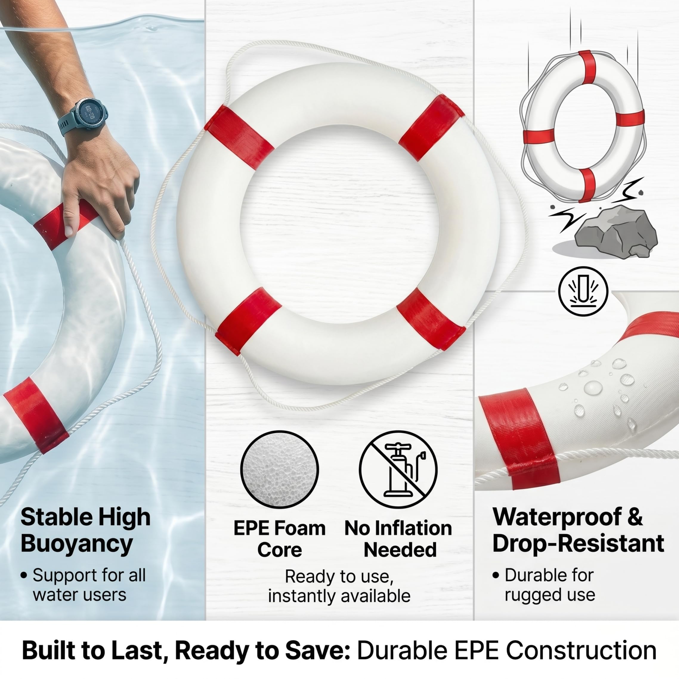 Anello salvagente da 20 pollici rosso-bianco con corda | Design senza gonfiaggio, adatto per l'uso in piscina, ottimo per la decorazione della parete