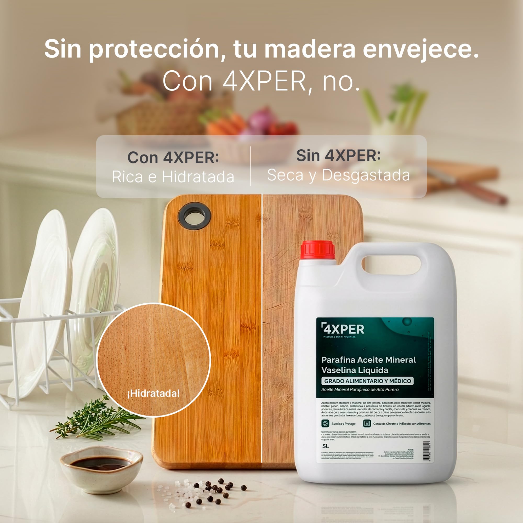 Aceite Mineral Alimentario 5L – Parafina Líquida/Vaselina Líquida Grado Alimentario y Médico – Alta Pureza, Incoloro e Inodoro – Para Madera, Bambú, Cocina y Formulación Cosmética