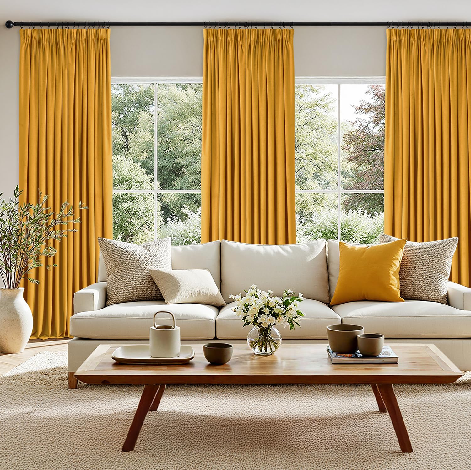 EMEMA Tende a cordoncino semi-oscuranti, isolanti in velluto, 2 pezzi, 140 x 260 cm, tende moderne per soggiorno e camera da letto, tenda spessa in raso termico, giallo senape
