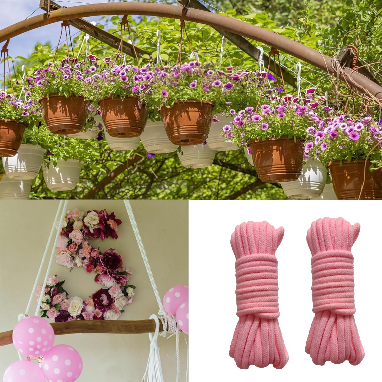4 Piezas Cordón Retorcido de Algodón Grueso, 10 Metros de Largo, 8 mm de Espesor, Cuerda Trenzada para Tender Ropa, para Acampar, Jardinería, Canotaje, Tirar de la Cuerda, Mascota, Escalada (Rosa)