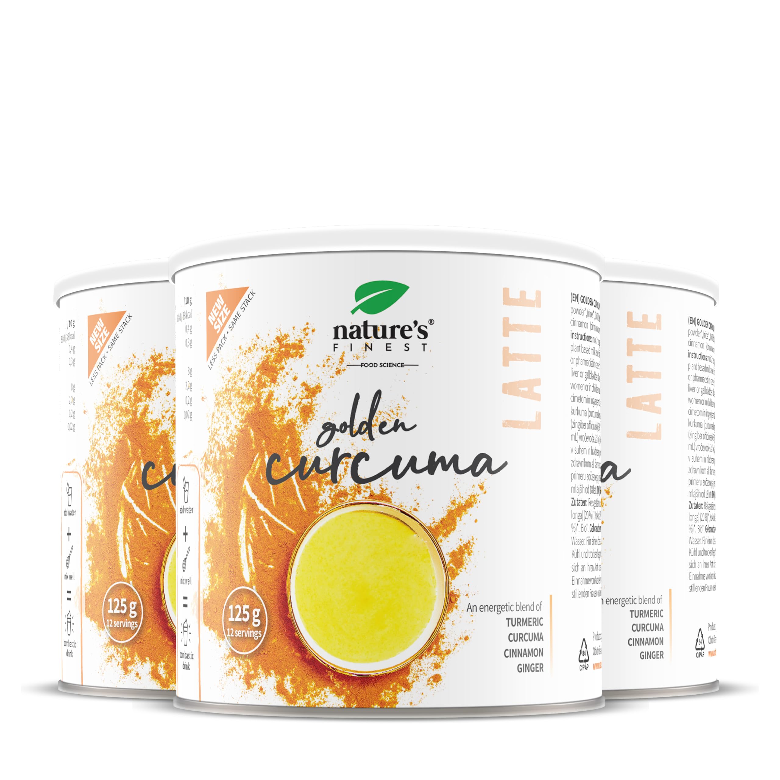 Nature's Finest Golden Curcuma Latte Bio, Curcuma-Cannelle 125 g (Lot de 3) | Lait d'or bio au curcuma (20 %), cannelle et gingembre, sucré au sucre de coco - latte doré crémeux au lait végétal