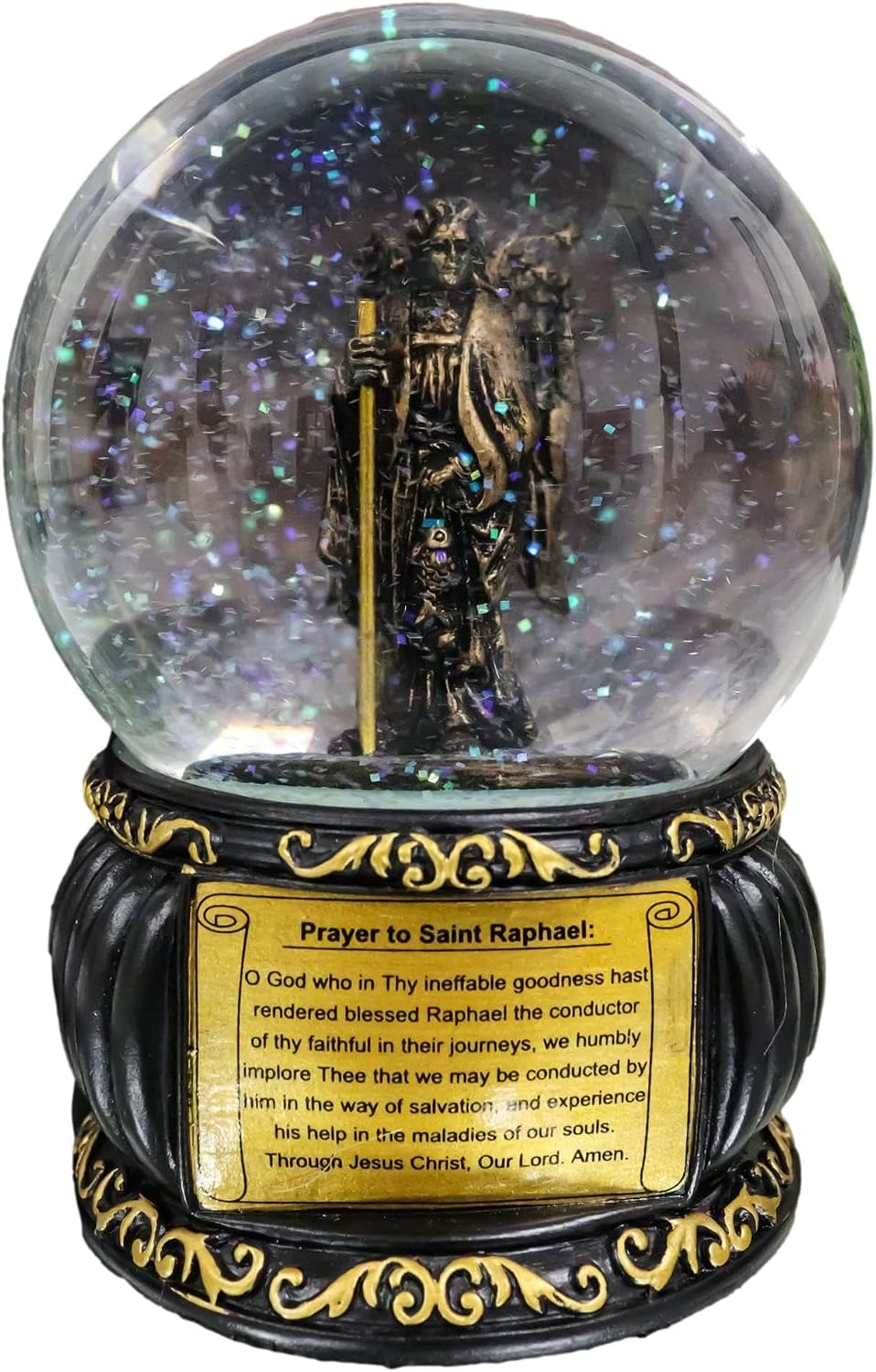 Ebros Gift Guardian Holy Archangel Saint Raphael Angel of Healing Glitter Water Globe with Prayer Plaque Gold Scroll Art Base 5.25" Tall Catholic Church Snow Globes Decor Figurine