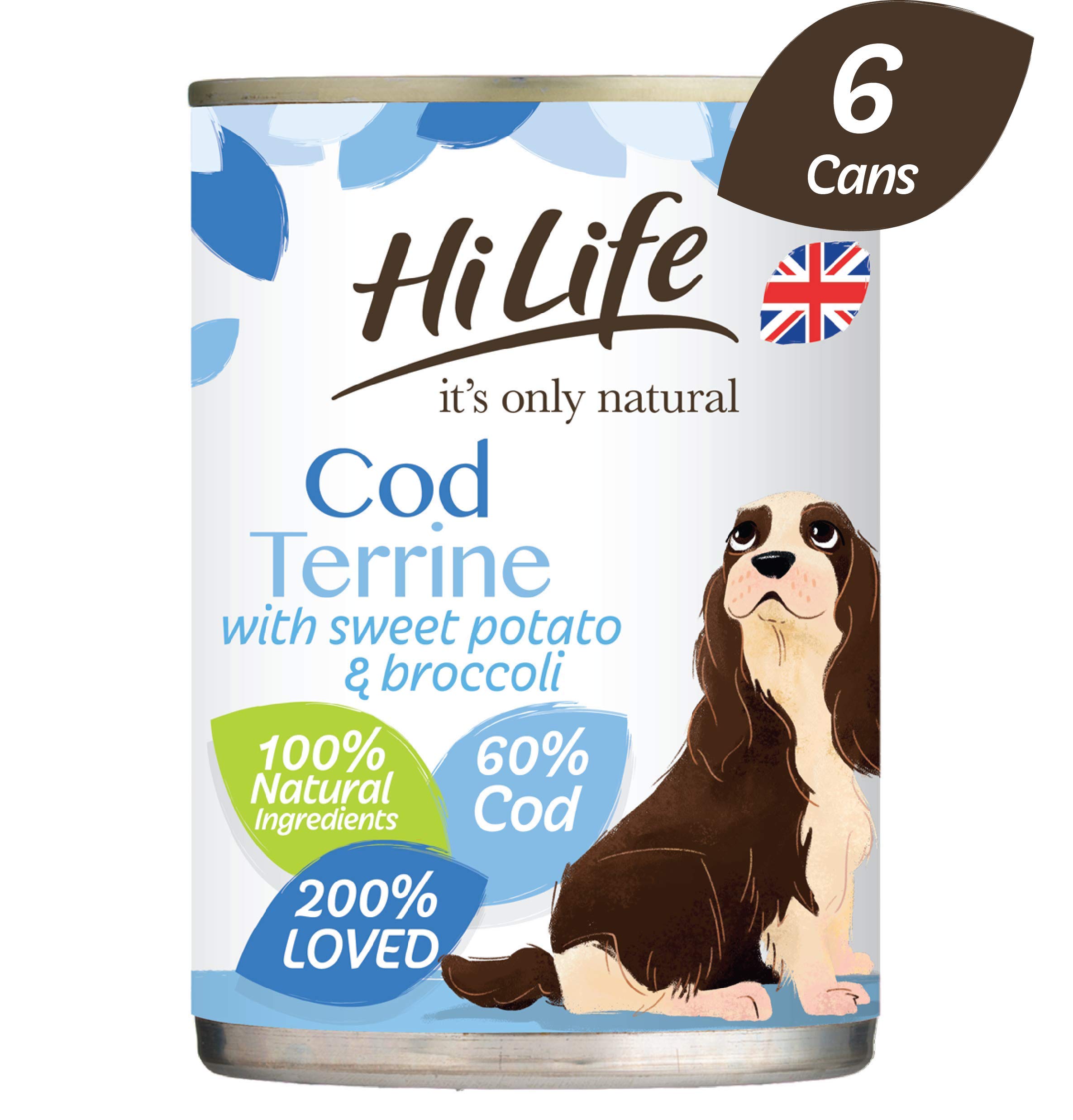 HiLife it's only natural - Complete Premium Wet Dog Food - Cod Terrine, Sweet Potato, Broccoli - 100% Natural Ingredients, 6 Cans x 395g