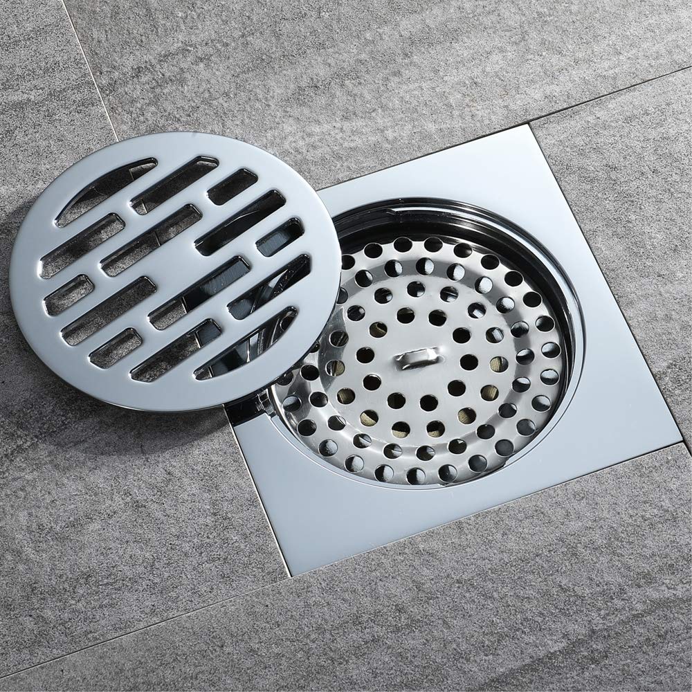 Square Shower Floor Drain with Tile Insert Grate - Made of Sus304 Stainless Steel, Multipurpose, Invisible Look or Flat Cover - Brushed Stainless,A