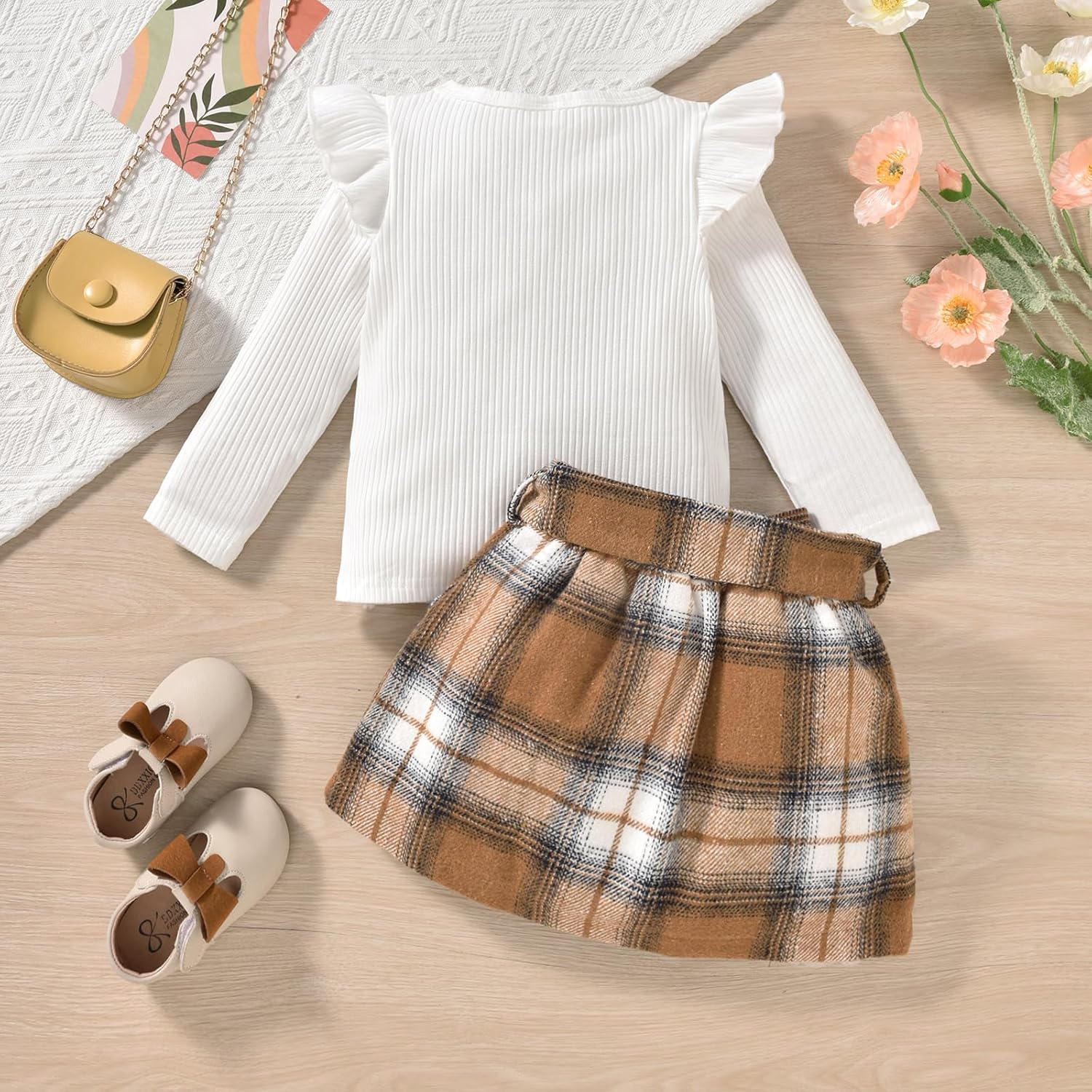 Toddler Girls Skirt Set Long Sleeve Ruffle Shirt and Plaid Skirt Outfit 2 Piece Set - Image 7