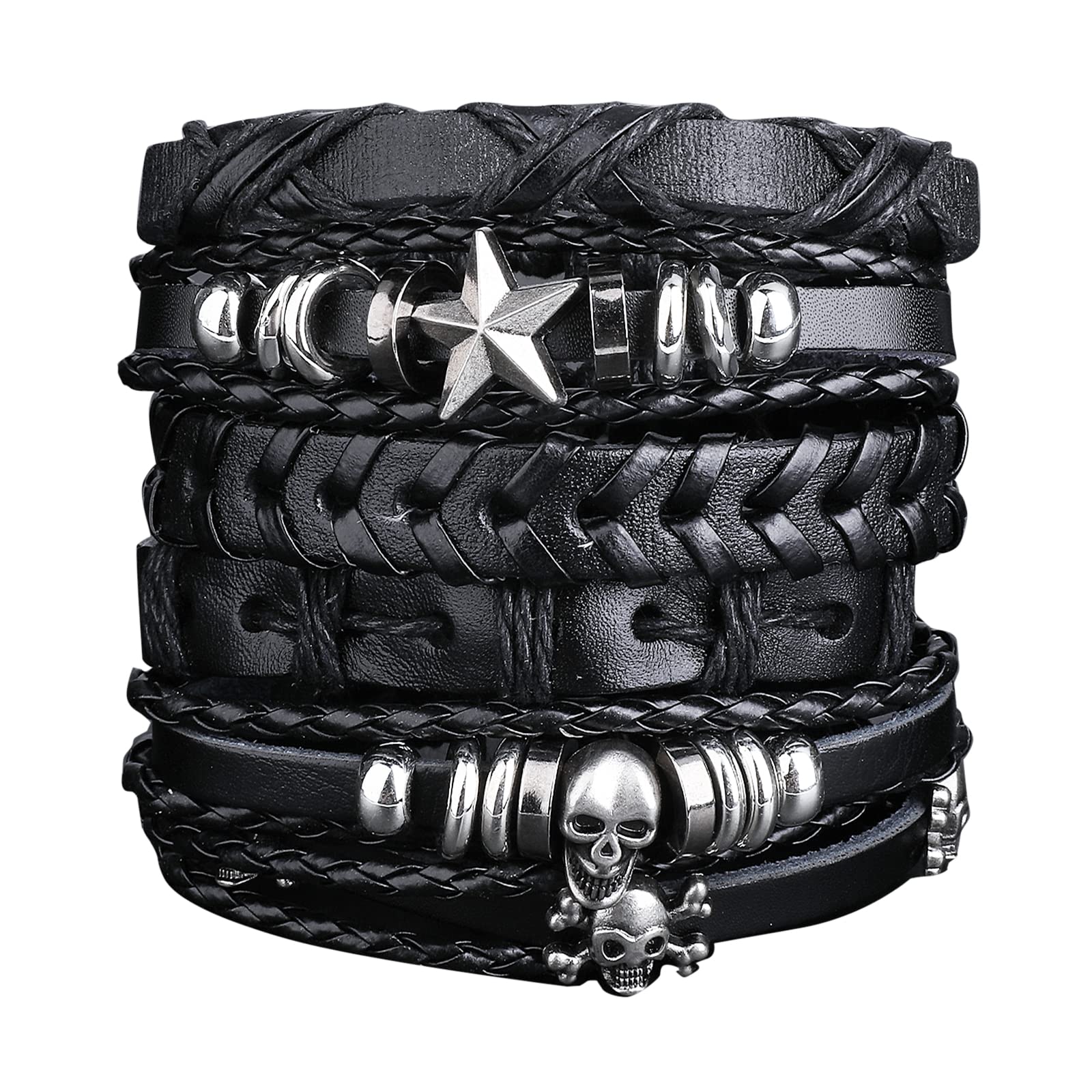6 Pcs Leather Bracelet Men Braided Wide Wristband Black Punk Rock Skull Bracelet Set for Men Women Woven Cuff Wrap Vintage Bracelet Adjustable Length Woven Leather Bracelet