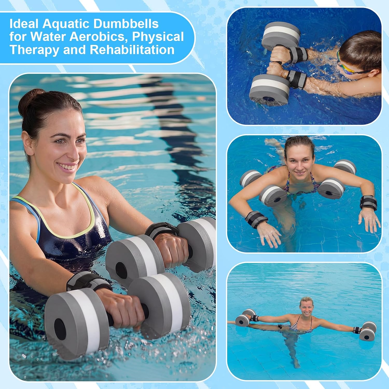 Hollowfly Water Aerobics Set, 4 Piece Pool Exercise Kit (2 Aquatic Dumbbells + 2 Ankle/wrist Weights), EVA Foam, Low-impact Workout