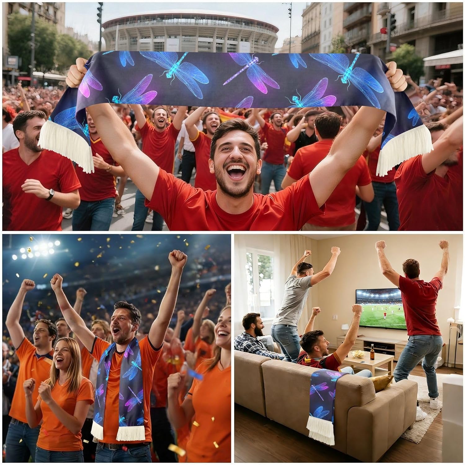 CHIFIGNO Neon Blue Purple Dragonflies Soccer Scarf for Fans, Soft Touch & Fast Drying Polyester, Support your Team with Game Day Must have