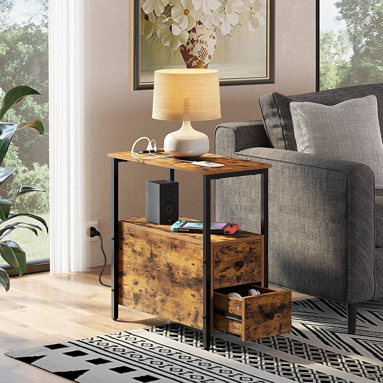 Rolanstar End Table with Charging Station, Narrow Side Table with 2 Wooden Drawers and USB Ports & Power Outlets, Nightstand Sofa Table for Small Spaces, Living Room, Bedroom, Rustic Brown : Home & Kitchen