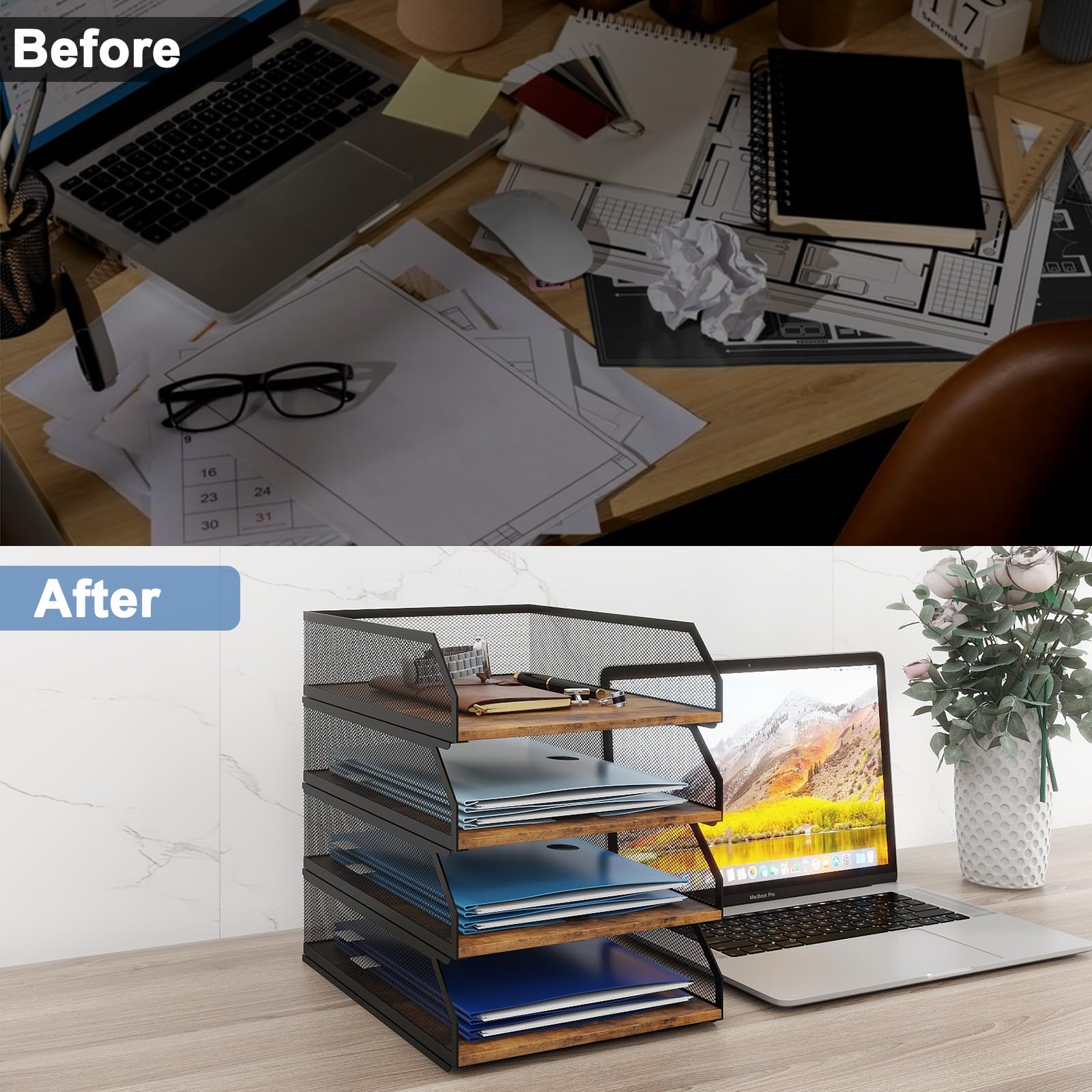 PUNCIA Stapelbare Papierablage mit 4 Ebenen, Metallgitter, Schreibtisch-Organizer | Papiersortierer aus Holzbrett, Briefablage, Aktenregal für Zuhause, Büro, Schule (Retro)