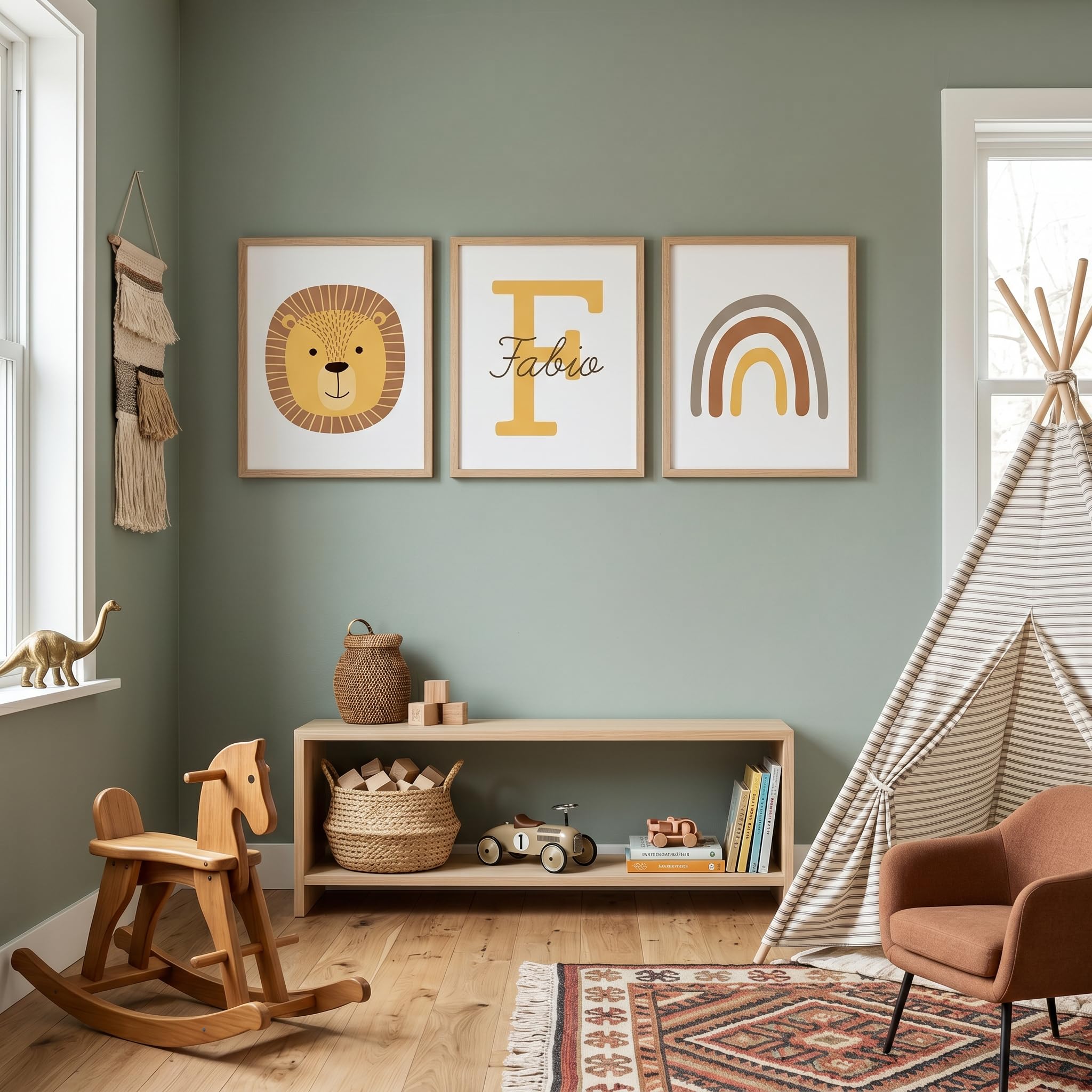 Set de 3 Cuadros Infantiles - Triptico Láminas Infantiles Personalizadas con Nombre e Inicial A3 - Decoración Habitación Bebé León y Arcoíris Boho Nordico Animales - Regalo Lienzo - Sin Marco (León)