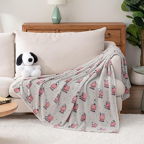 Miniatura 6 de Berkshire Blanket Peanuts VelvetLoft - Manta de felpa de Snoopy de gran tamaño para niños, maní regular con poses de casa de perro y lunares gris