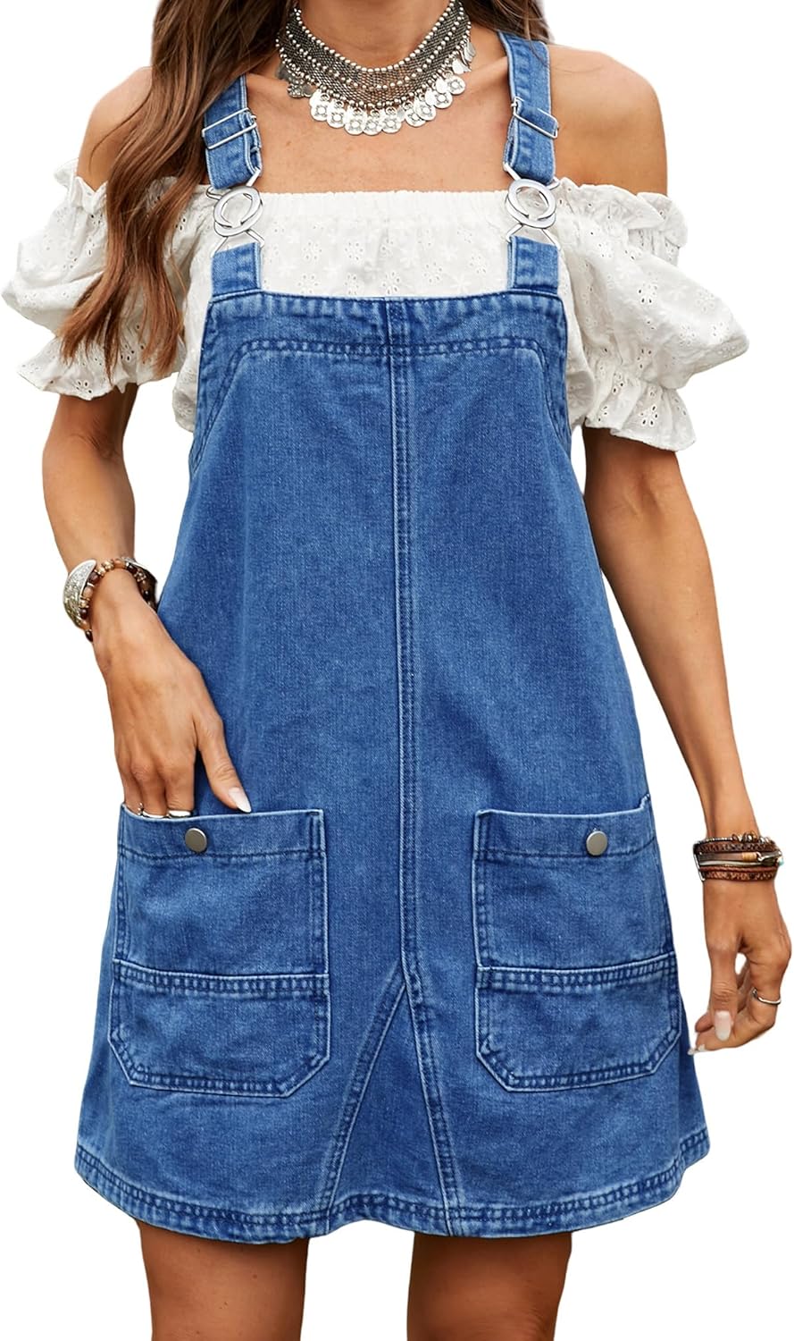 Women's Denim Overall Dress Adjustable Strap Knee-Length Jean Jumper with Front Pockets Soft Breathable Loose Fit