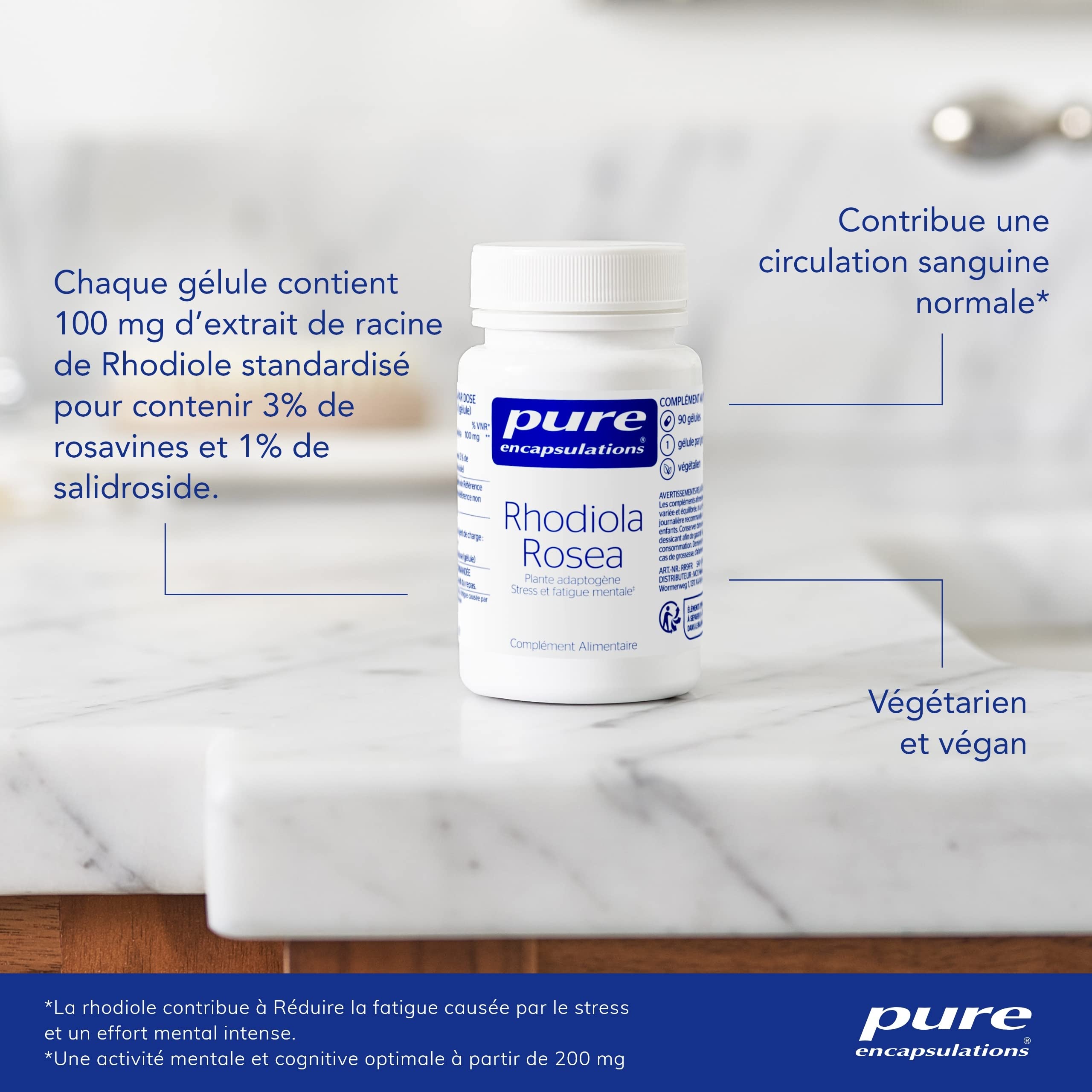 Pure Encapsulations - Rhodiola Rosea - Plante Adaptogene contre le Stress et la Fatigue Mentale - 60 Capsule | Plante Adaptogène, Stress et Fatigue Mentale, 100 mg d'Extrait de Racine de Rhodiola, Haute Qualité, Complément Alimentaire