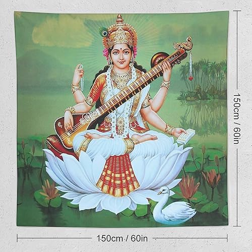 Miniatura 2 de Tapiz de religión de Hinduismo Dios Saraswati, pintura decorativa de poliéster, arte de pared para sala de estar, dormitorio, impresiones de 60 x 60