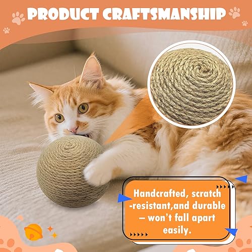 Miniatura 5 de Bola de sisal para gatos, bola rascadora natural interactiva grande de 6.3 pulgadas, rascador perfecto para ejercicio y diversión de gatos en