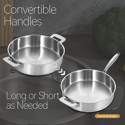 Miniatura 4 de LOLYKITCH Sartenes de acero inoxidable de tres capas de 8.5 a 10 pulgadas y sartén para saltear de 12 pulgadas con tapa, juego de utensilios de