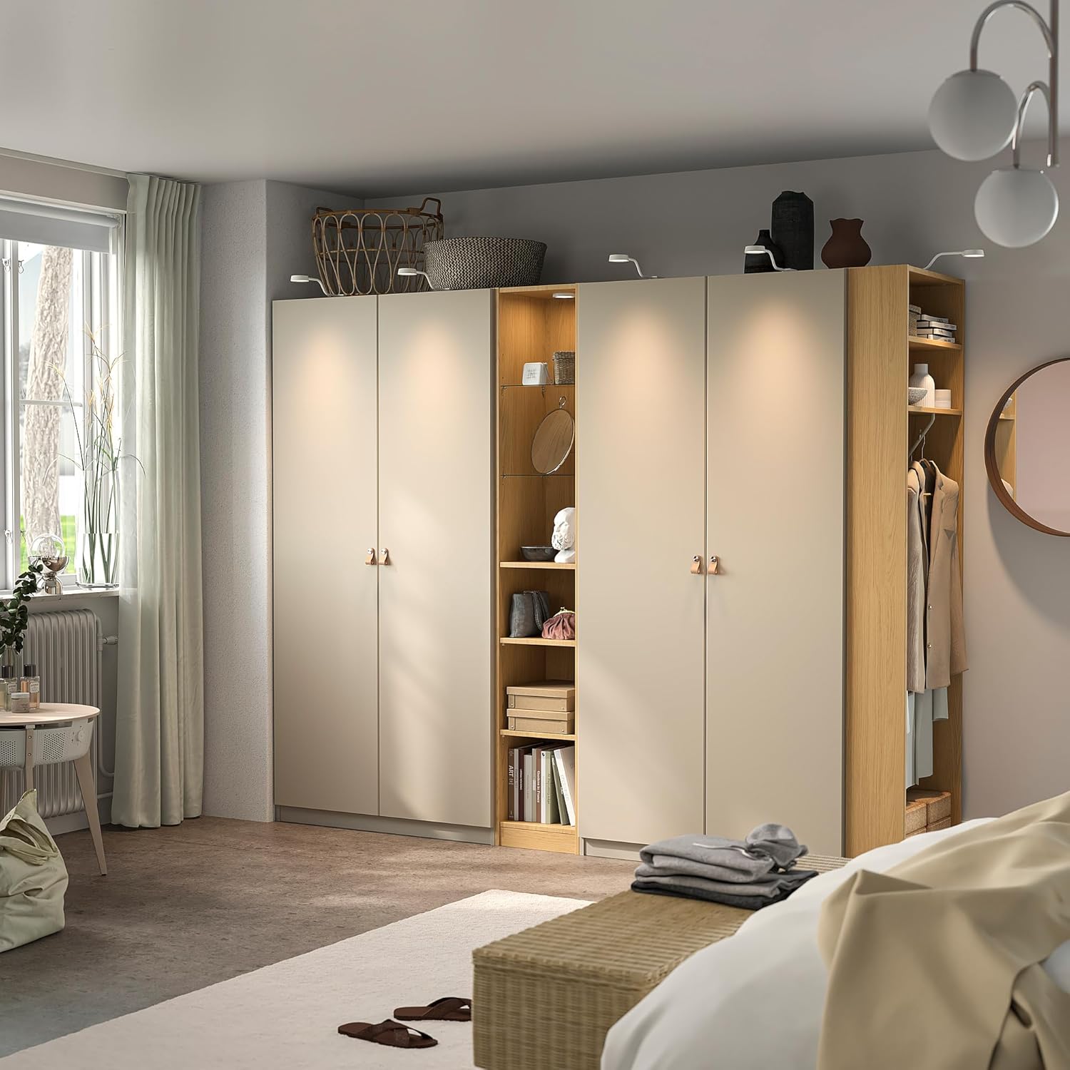 PAX/REINSVOLL Wardrobe combination, grey-beige grey-beige/oak effect, 255x60x201 cm