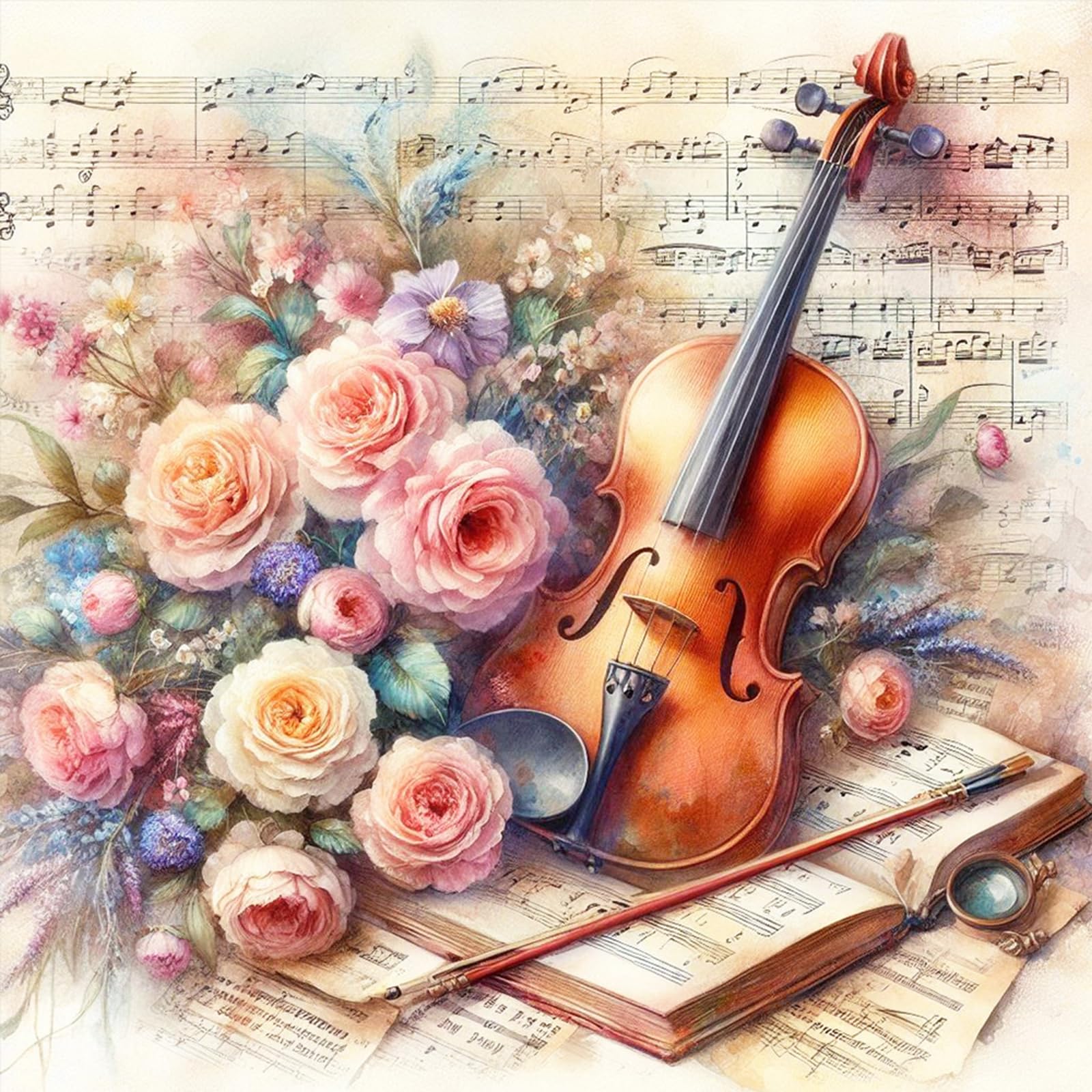 Poetrydraw Flowers And Violins Diy 5D Round Diamond Art Painting Kit For Adults & Beginners, Home Wall Decor, 15.75X15.75in