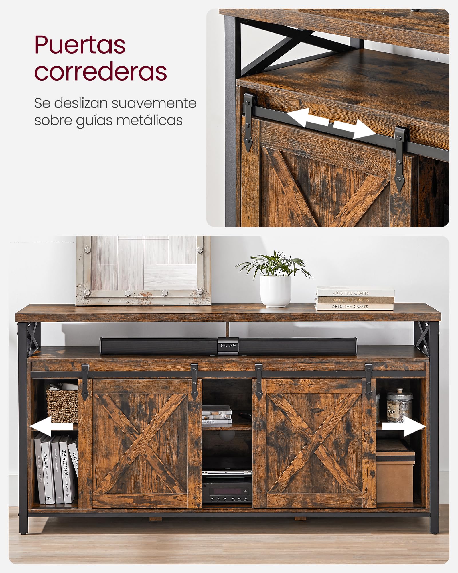 VASAGLE Mueble para TV, Soporte para TV de 65 Pulgadas, con Estantes Ajustables, Puertas de Granero, Diseño de Granja, Marco de Metal, Marrón Rústico y Negro LTV071B01V1