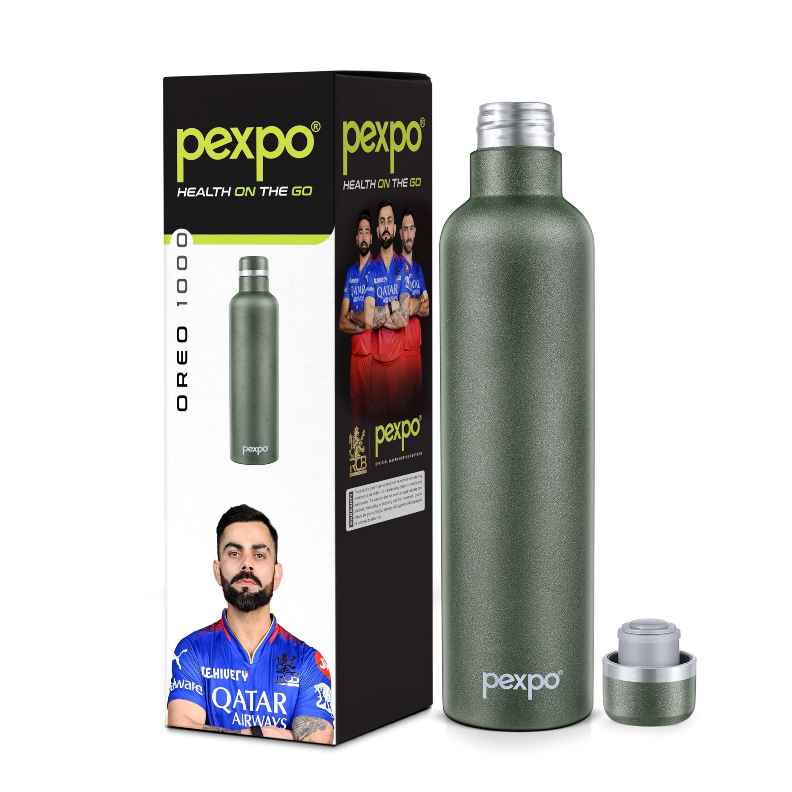 Pexpo Oreo Pro Stainless Steel Hot and Cold Vacuum Insulated ISI Certified Flask, 1000ml, Military Green | Double Wall Flask | BPA Free | Office | School | Home | Hiking | Gym| Limited RCB Edition (B0CLXW4541) Amazon Price History, Amazon Price Tracker