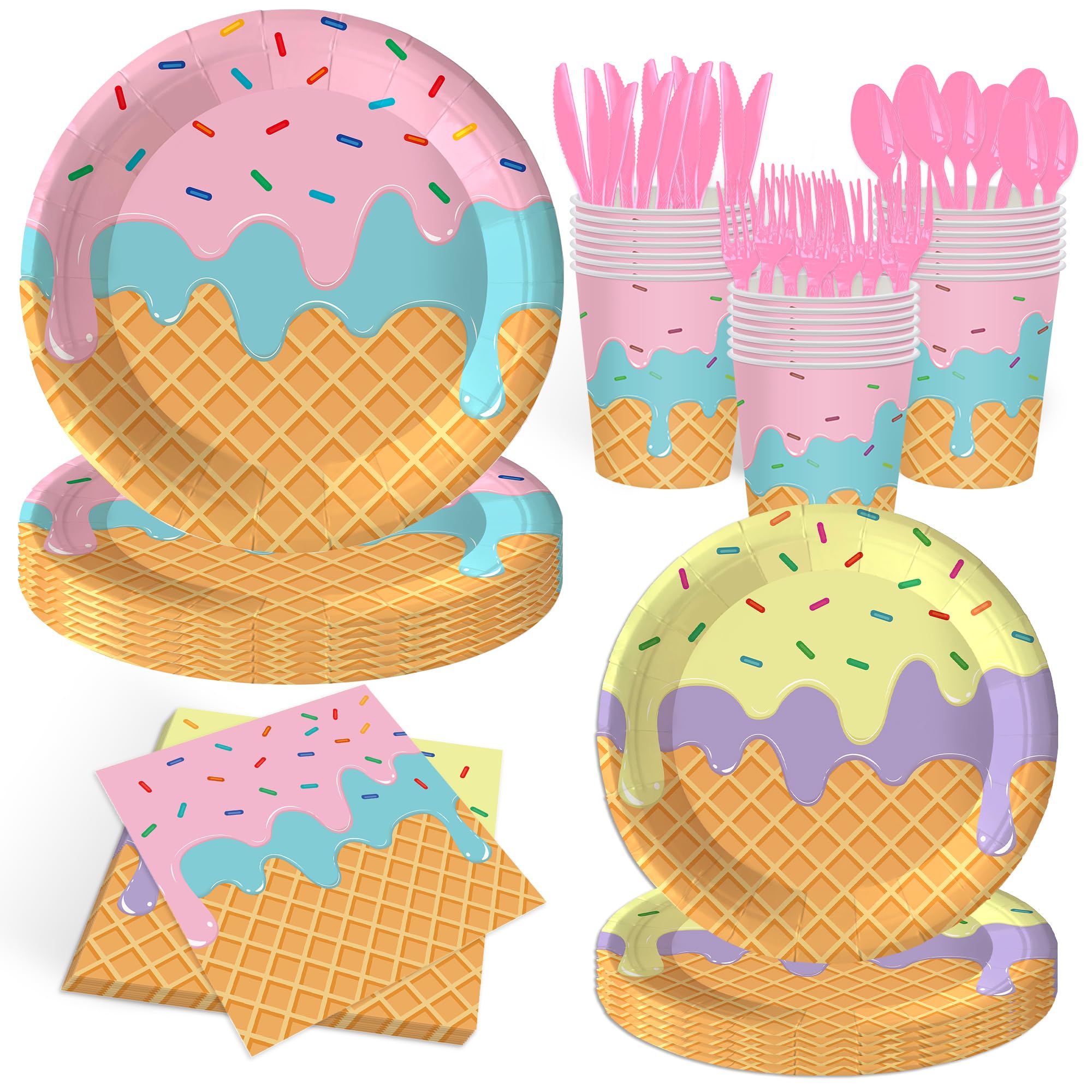140 PCS Ice Cream Party Decorations Ice Cream Theme Plates Party,Decorations Ice Cream Birthday Party Plates and Napkins Forks Disposable Tableware Set Sweet Summer Ice Cream Party Supplies ﻿