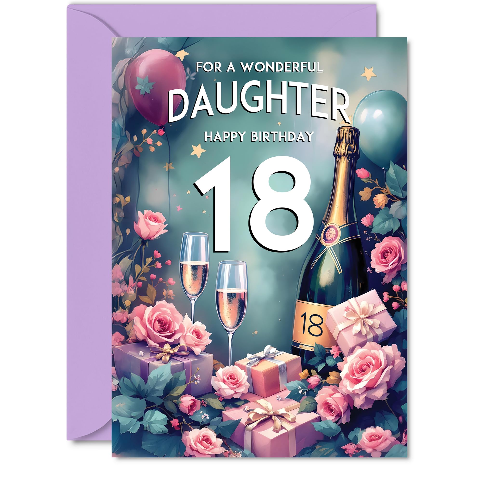 18th Birthday Card Daughter - Pink Presents Champagne Bottle - Gorgeous Pretty Beautiful Birthday Cards for 18 Year Old Woman Women, A5 Greeting Cards