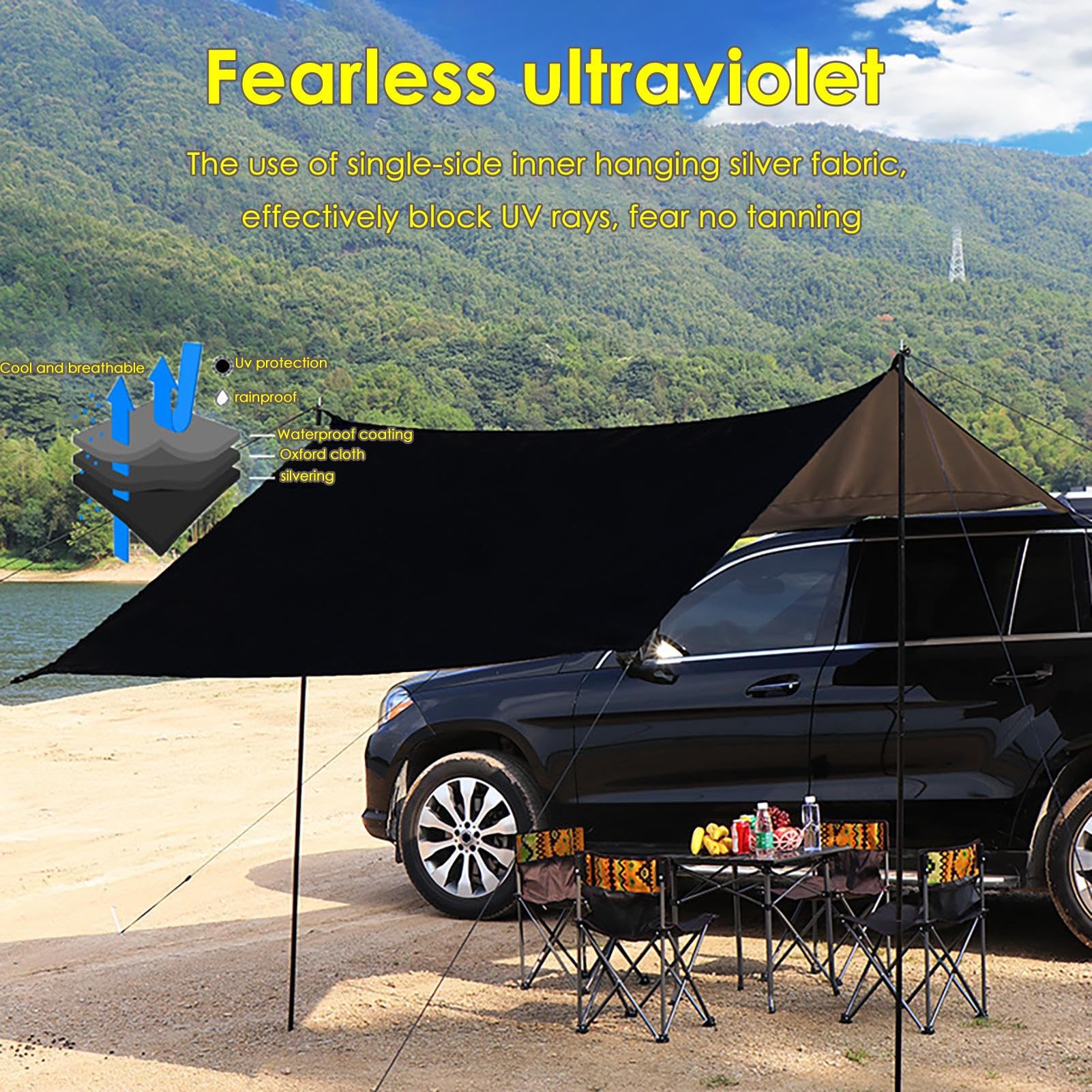 Auvent De Voiture Universel 280x380 Cm - Tente Pare-Soleil Imperméable Pour Camping, Caravane, Van