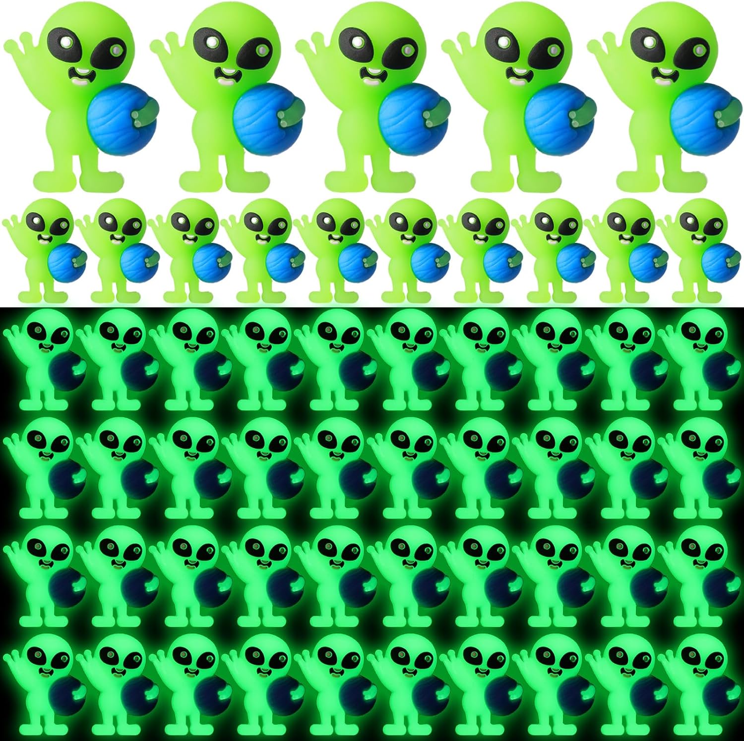 CroBlissful 50 Pcs Glow in The Dark Alien Figurines, Mini Green Statues, PVC Glowing Toys for Easter Egg Stuffers, Party Favors, Cake Toppers, Space Themed Gifts